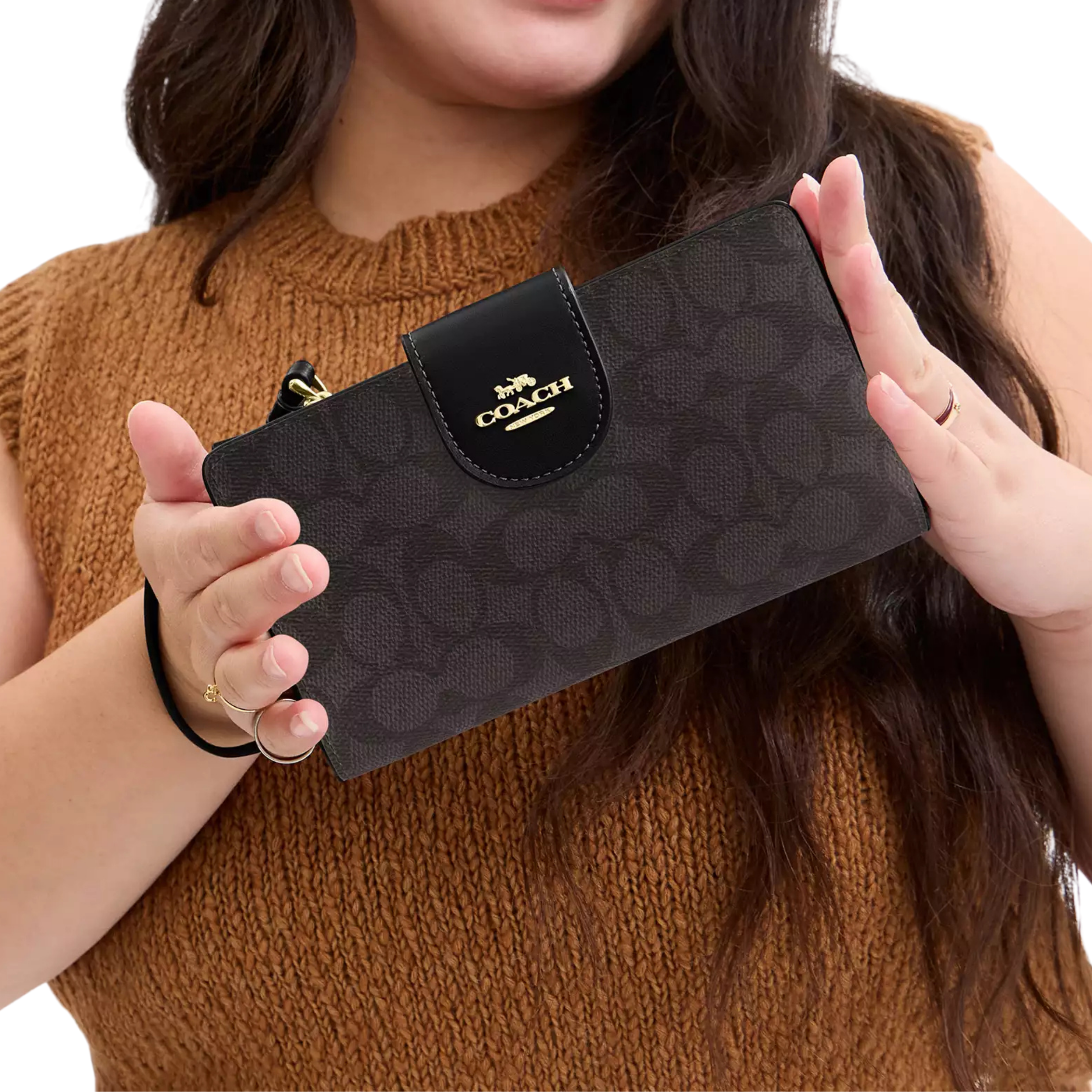 COACH Women Phone Wallet - Gold Walnut Black