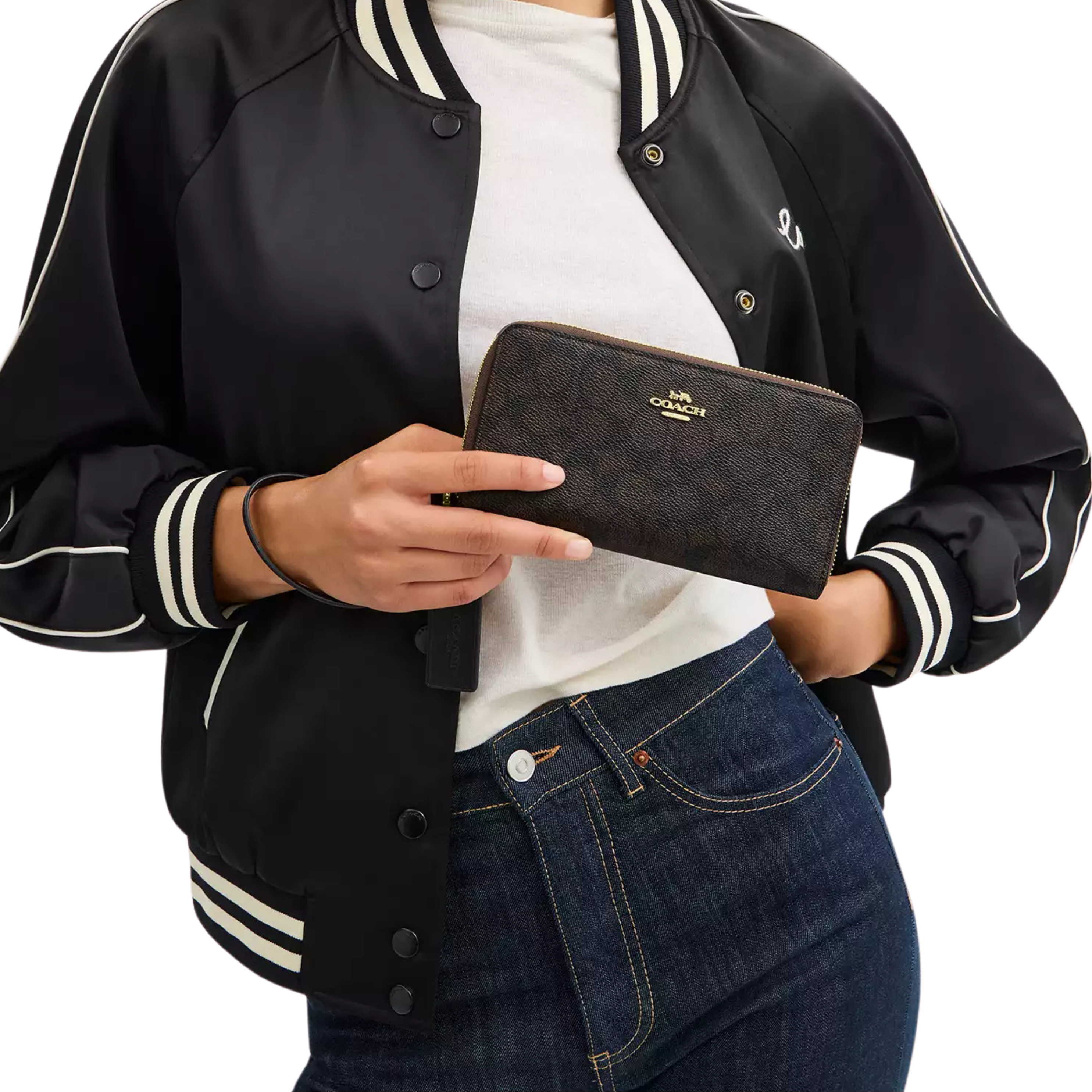 COACH Women Long Zip Around Wallet With Detachable Card Case - Gold Walnut Black