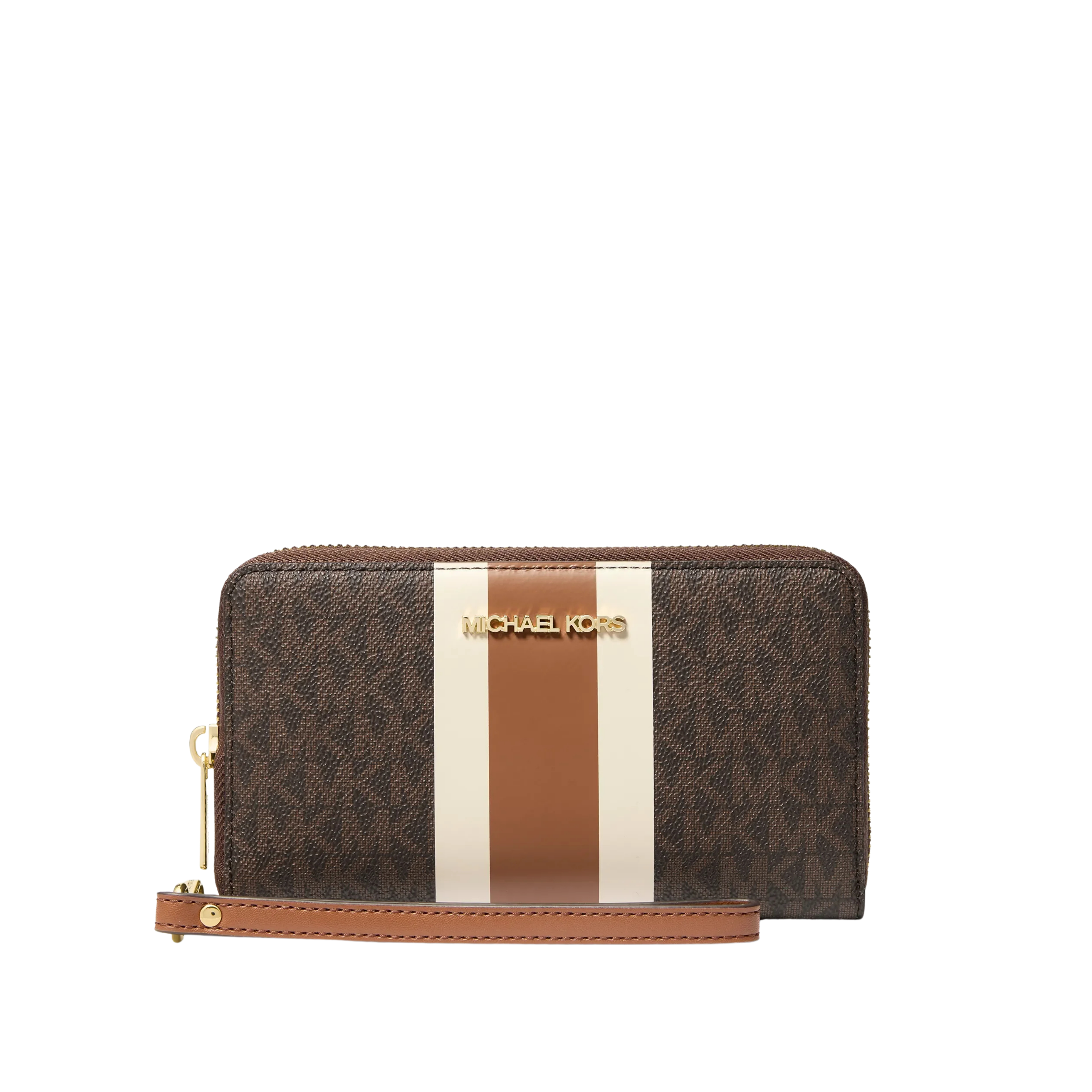 Michael Kors Women Jet Set Travel Large Striped Signature Logo Smartphone Wallet - Brown Multi