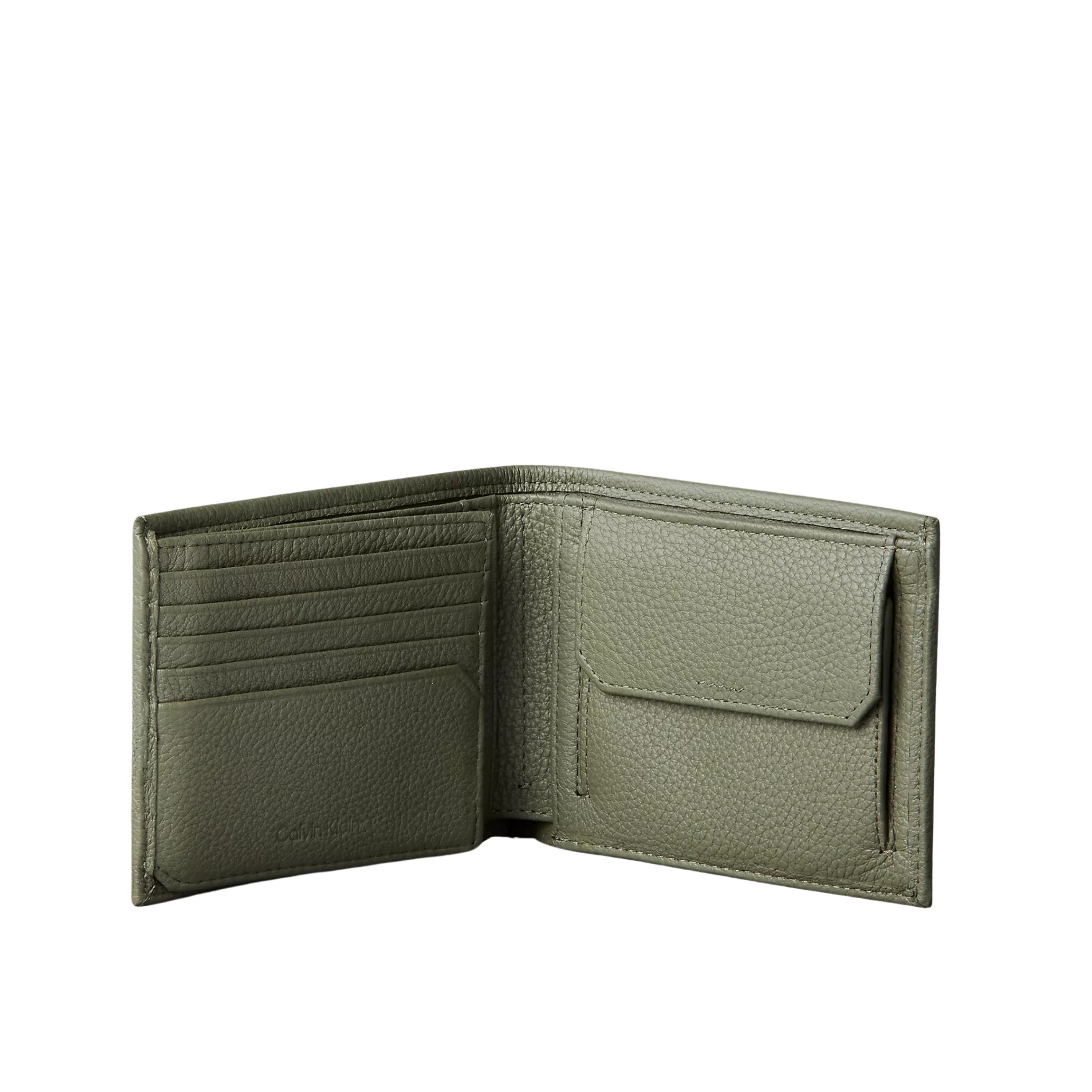 Calvin Klein Men Pebble Grain Leather Trifold Wallet with Coin Pouch - Deep Lichen Green