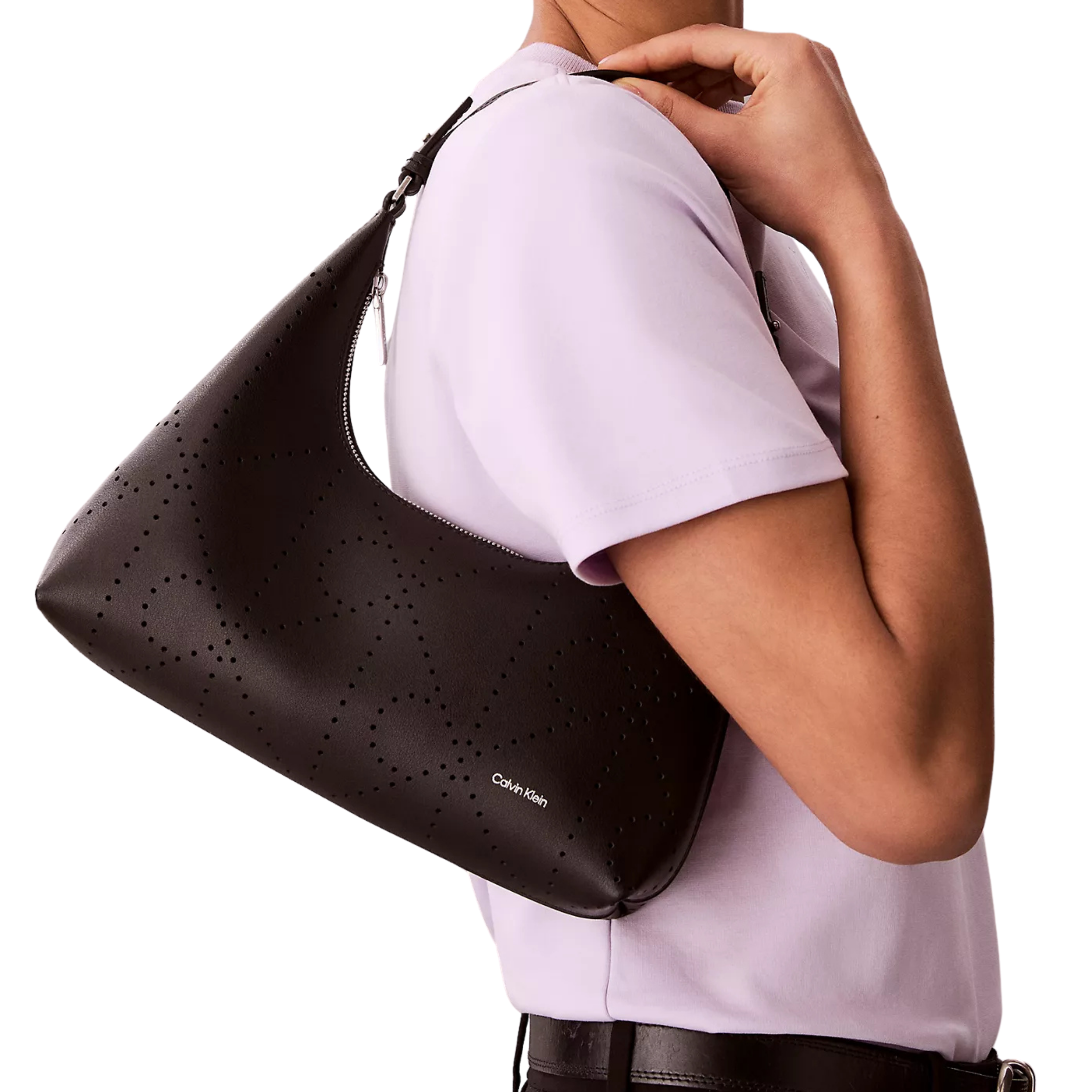 Calvin Klein Women Perforated Emblem Logo Shoulder Bag - Black