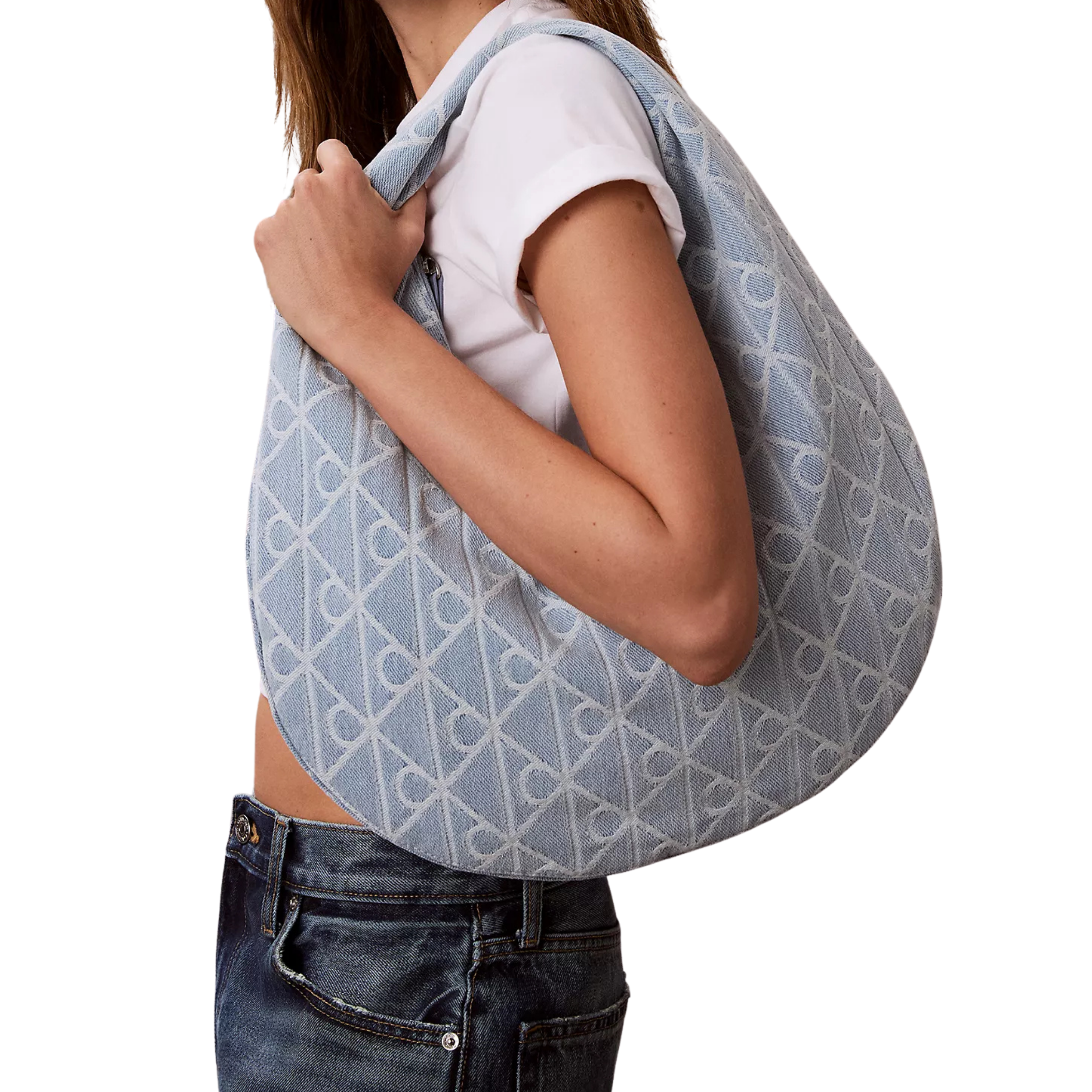 Calvin Klein Women Allover Emblem Logo Denim Hobo Bag - Denim Light Wash