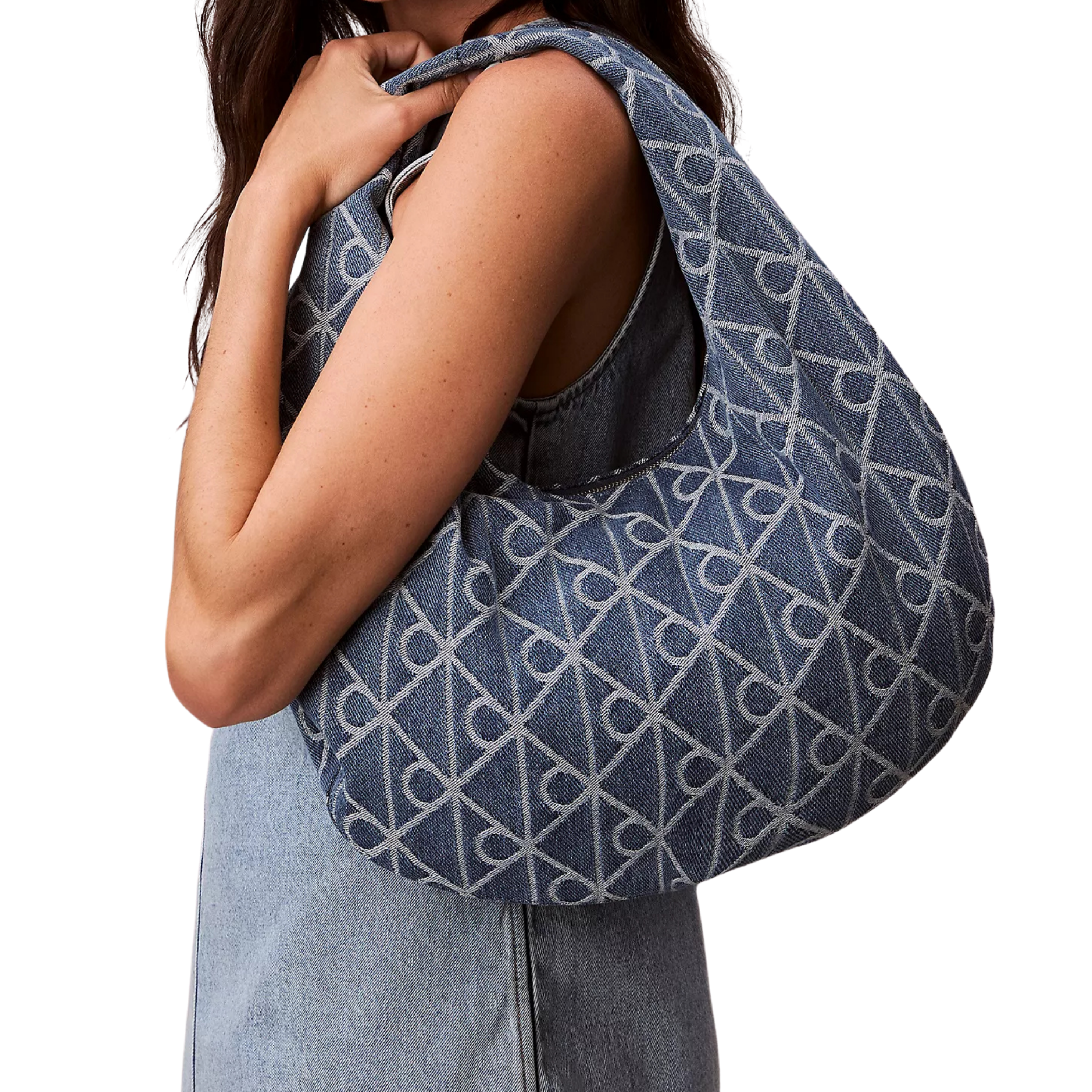 Calvin Klein Women Allover Emblem Logo Denim Hobo Bag - Denim Medium Wash