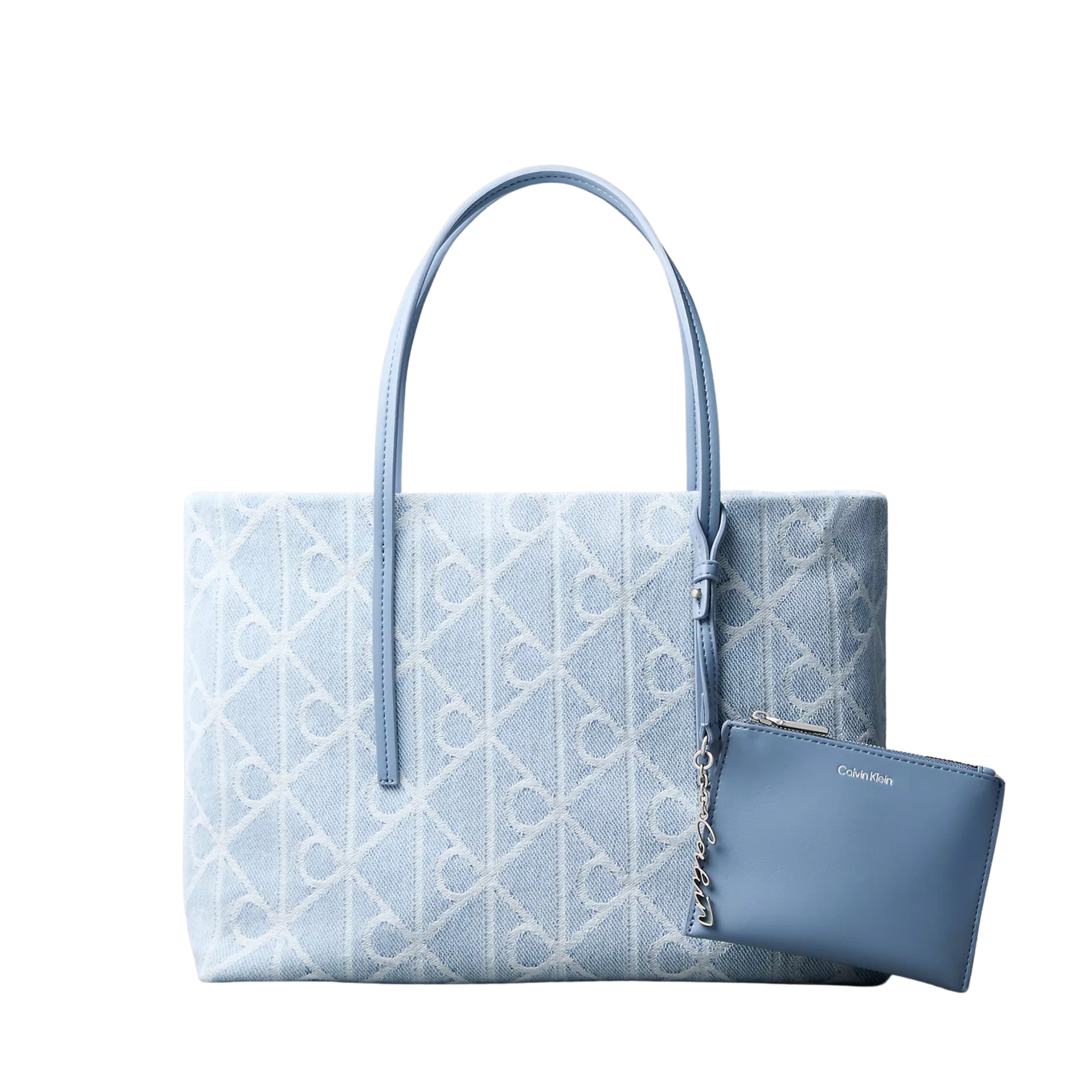 Calvin Klein Women Allover Emblem Logo Denim Small Tote Bag - Denim Light Wash