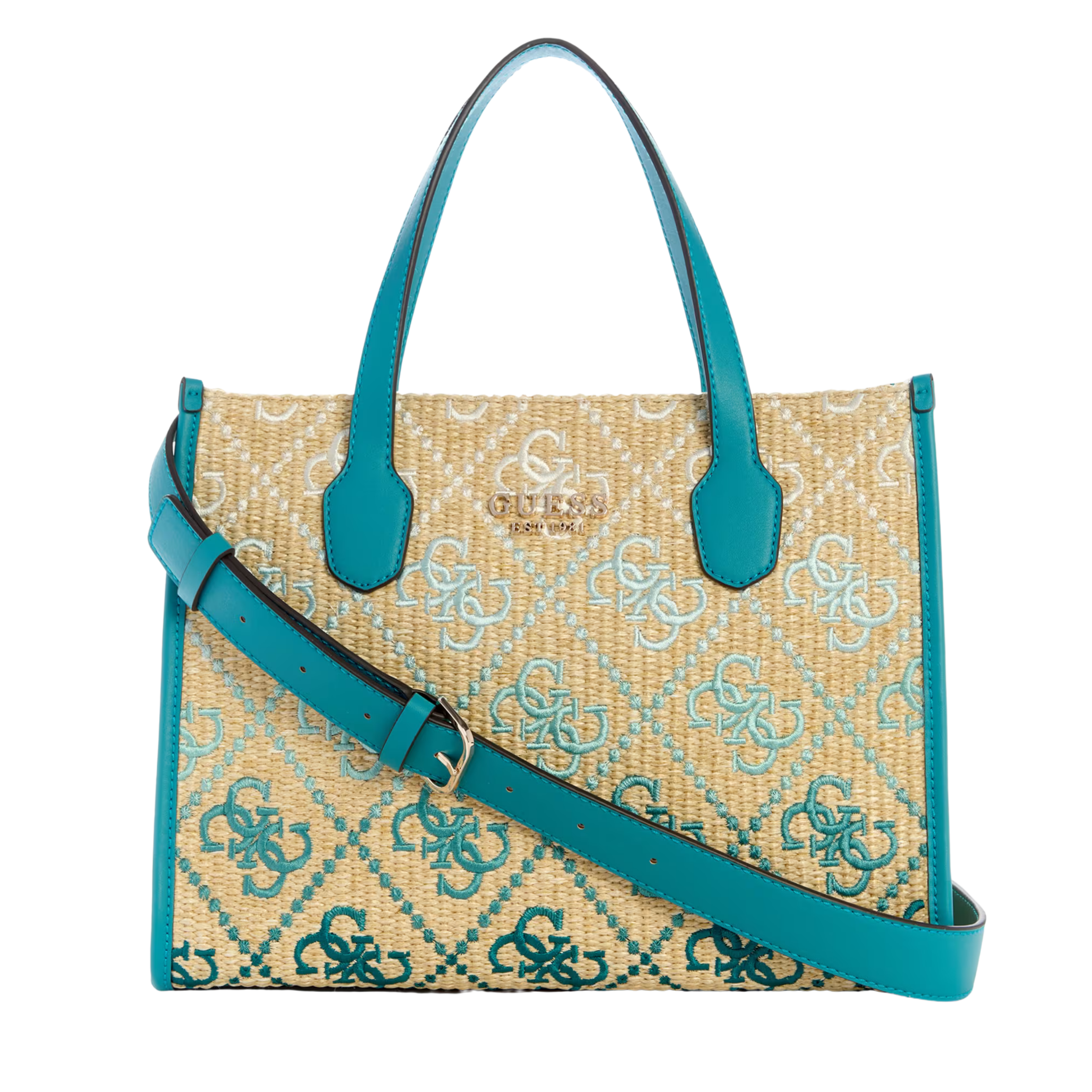 Guess Women Silvana Raffia Tote - Teal Logo