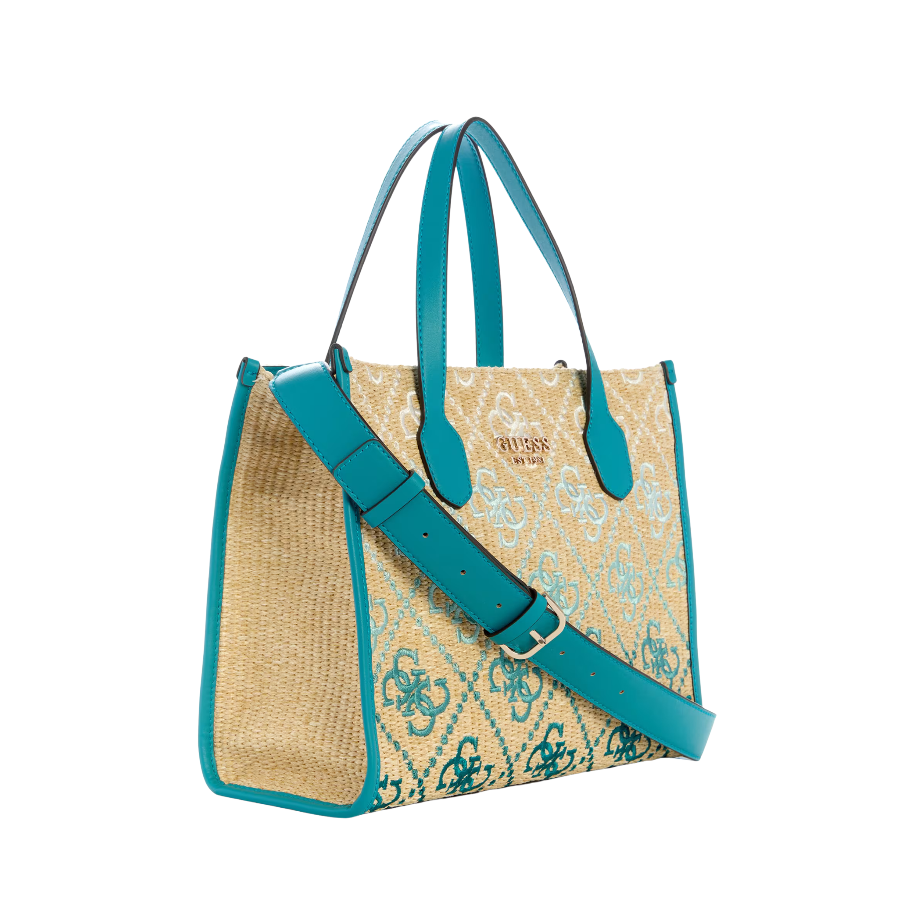 Guess Women Silvana Raffia Tote - Teal Logo