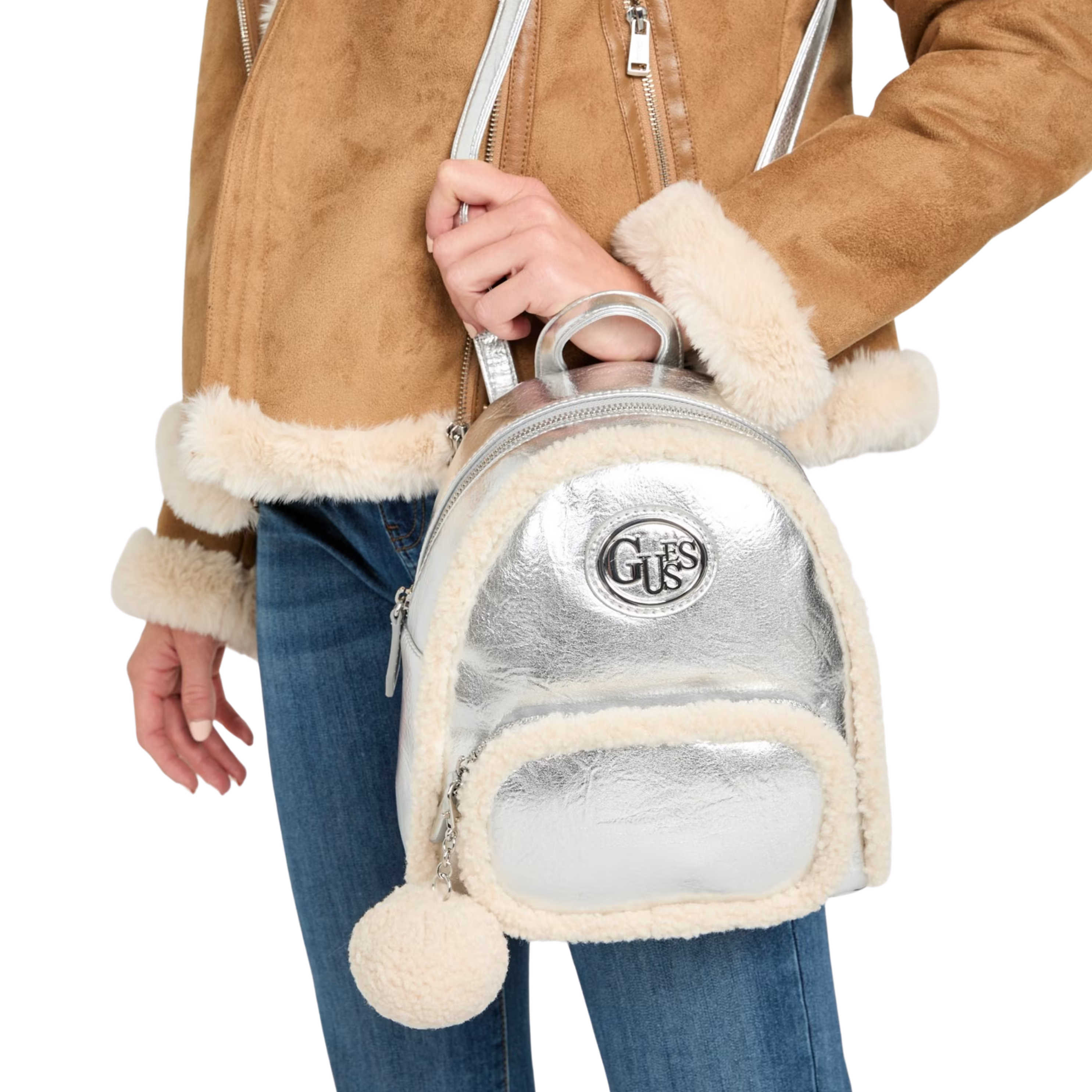 GUESS Women Gina Sherpa Backpack - Silver