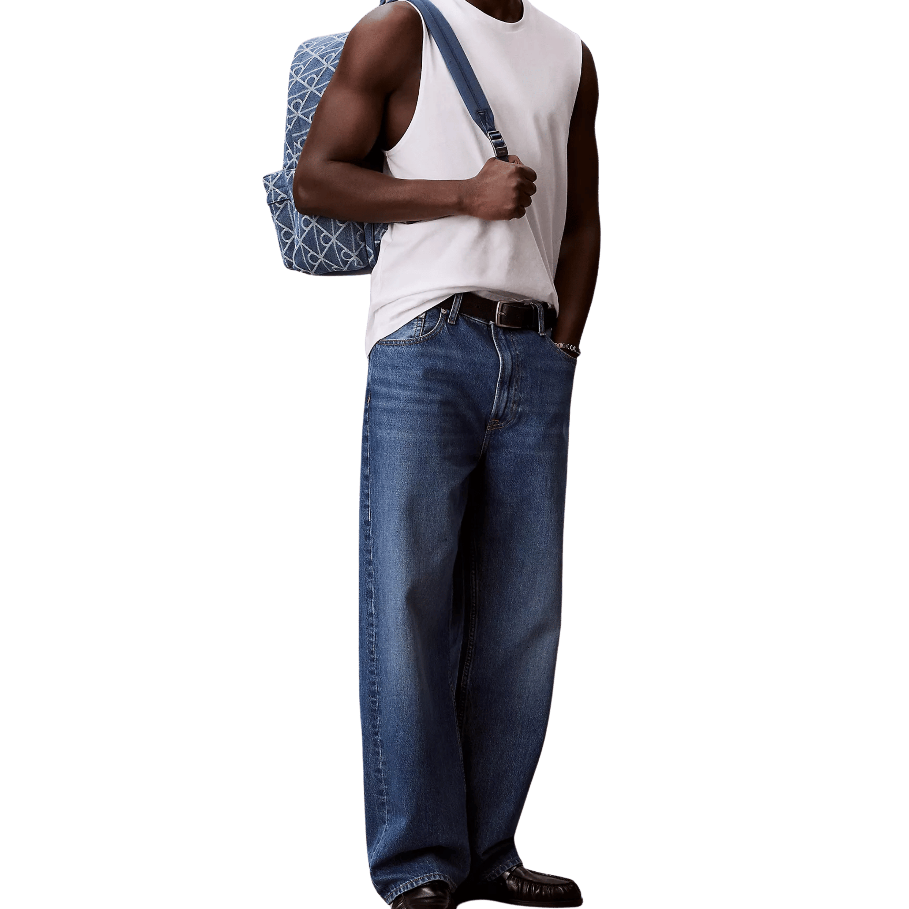 Calvin Klein Men Denim Allover Emblem Logo Backpack -Denim Jqd Medium Wash