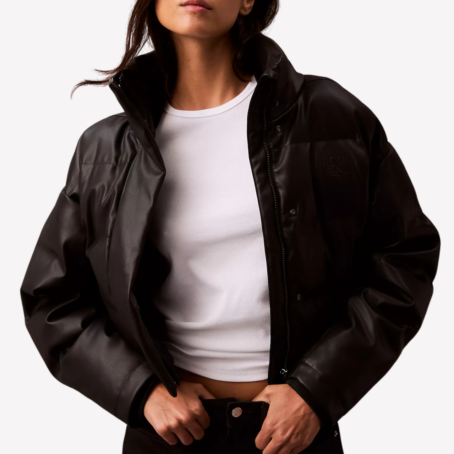 Calvin Klein Women Leather Puffer Jacket - Black Beauty