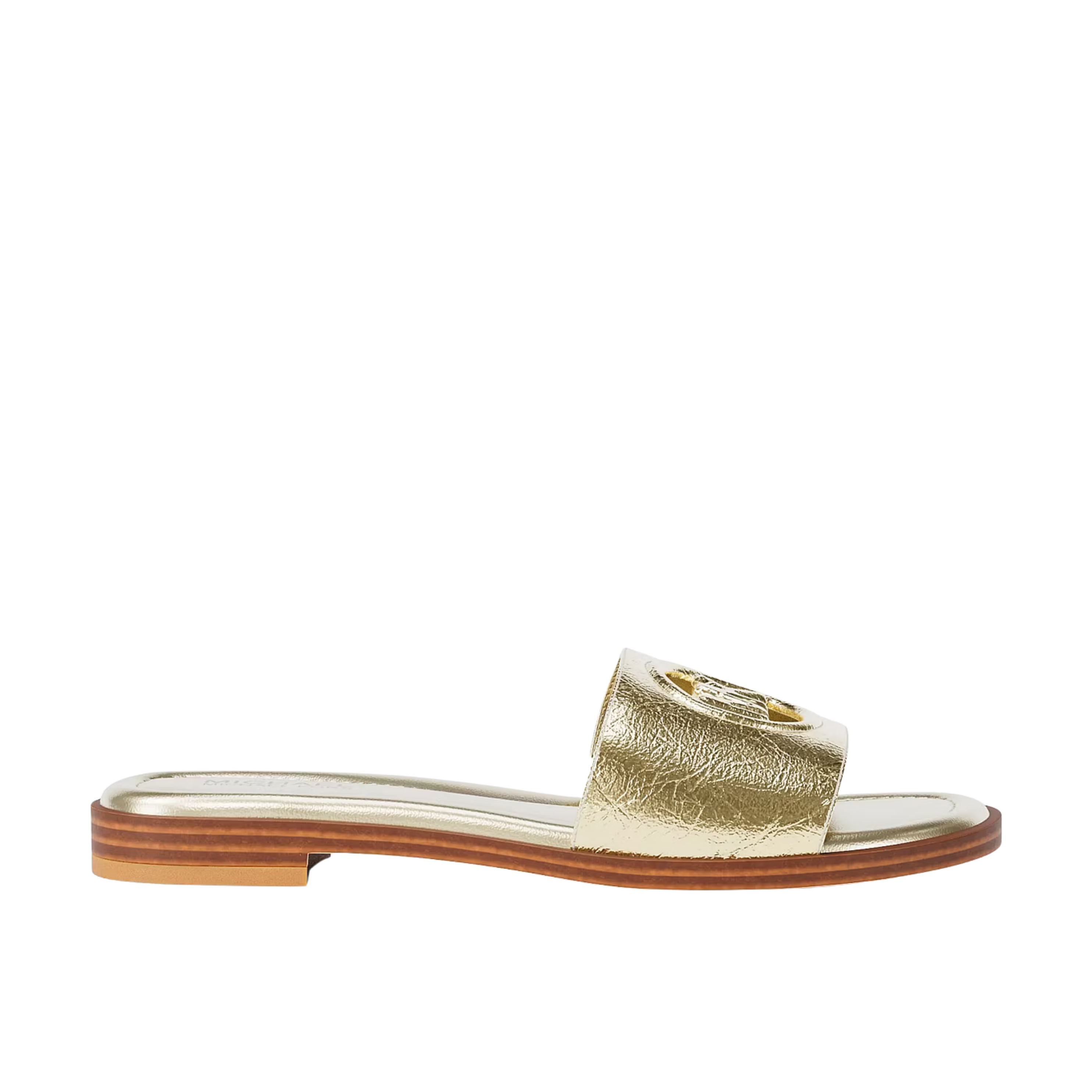 Michael Kors Women Carissa Crackled Metallic Slide Sandal - Pale Gold