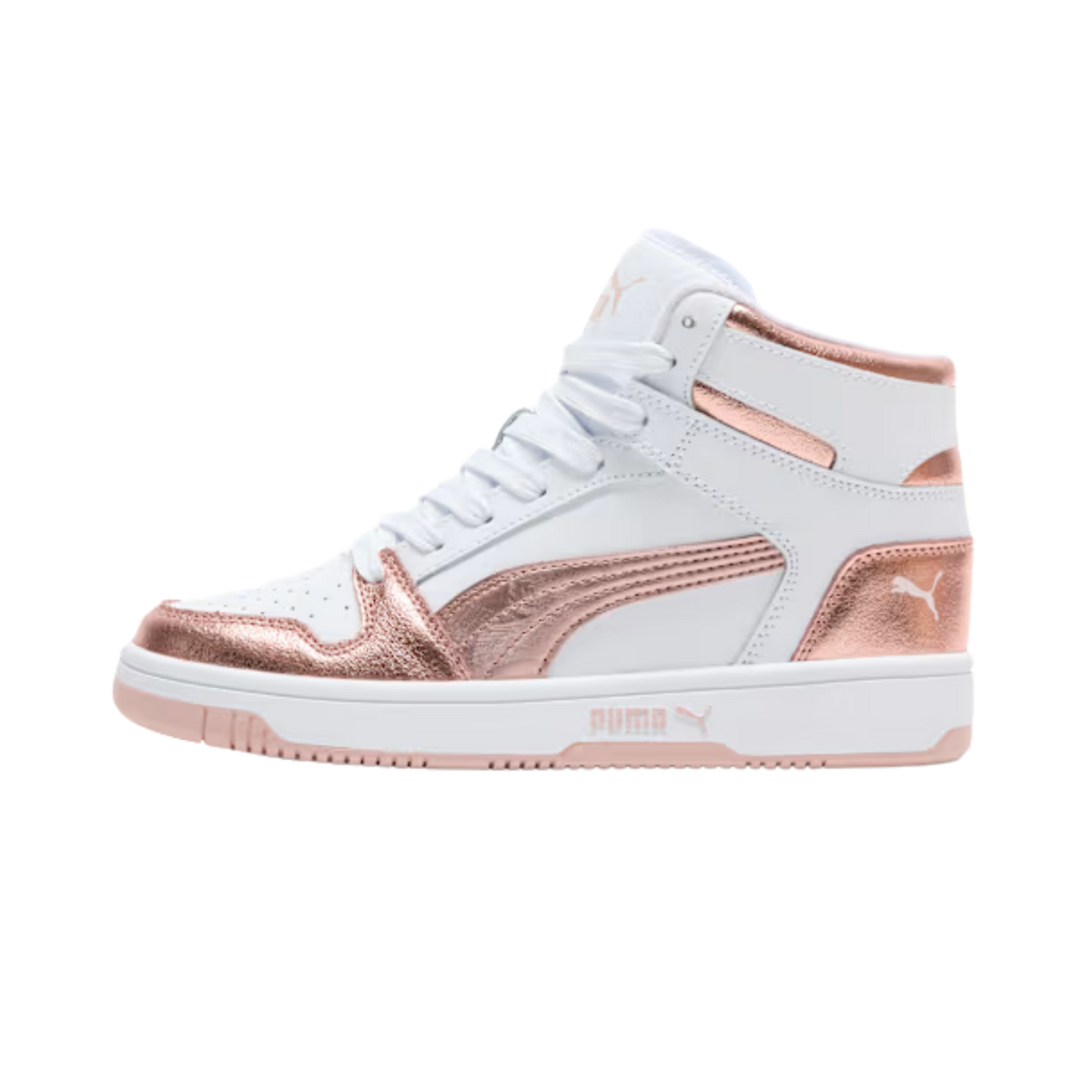 Puma Women Rebound Layup Metallic Mid Sneakers - White Rose Gold Rose Quartz