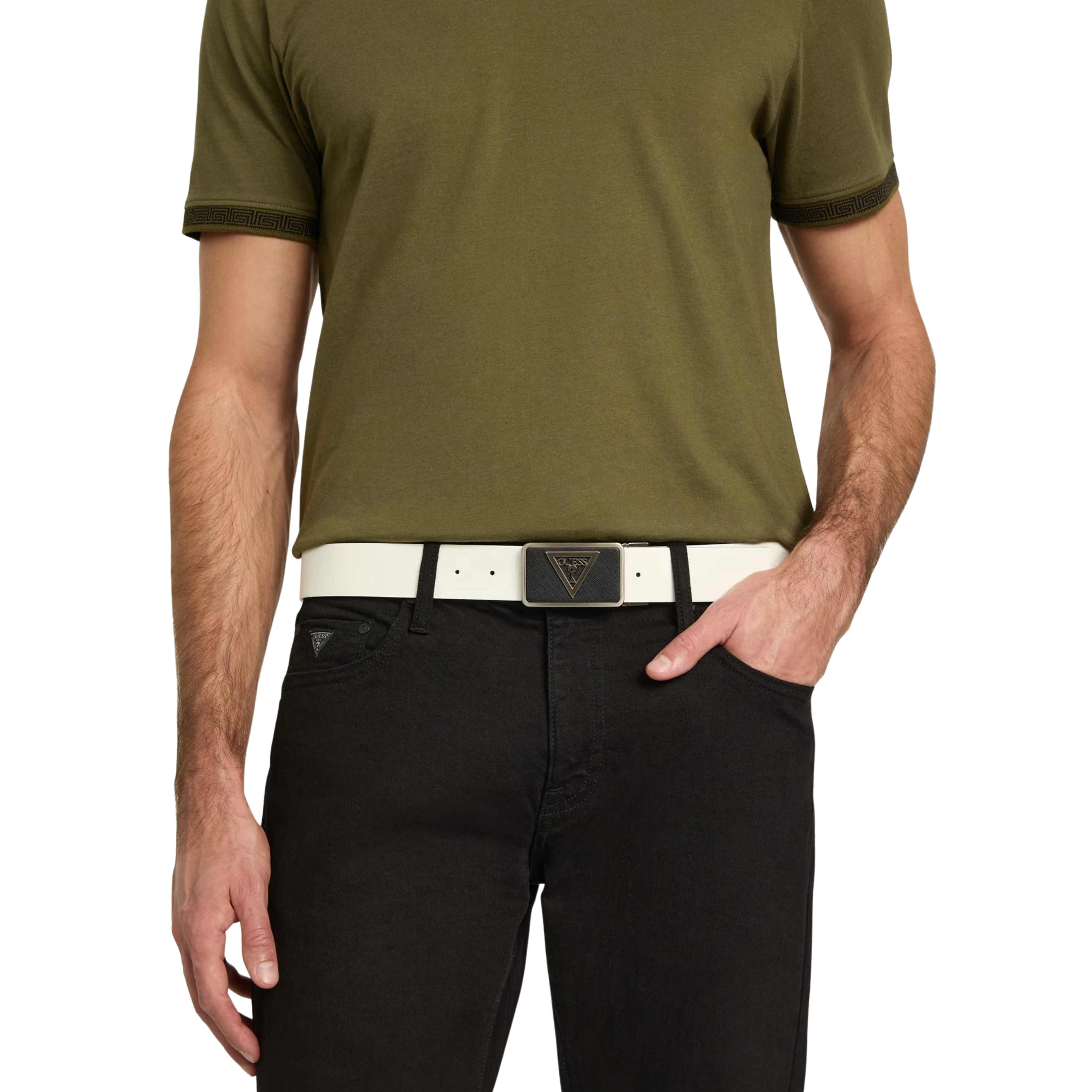 Guess Men Textured Plaque Buckle Belt - Gold