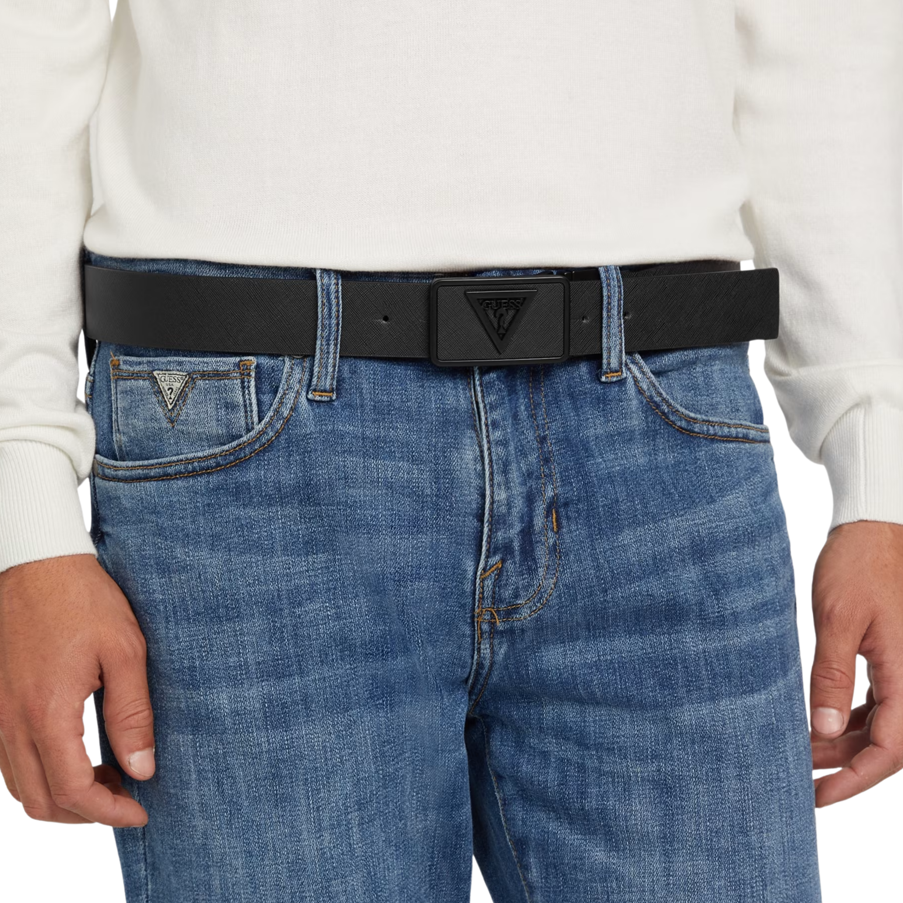 Guess Men Textured Plaque Buckle Belt - Black Red