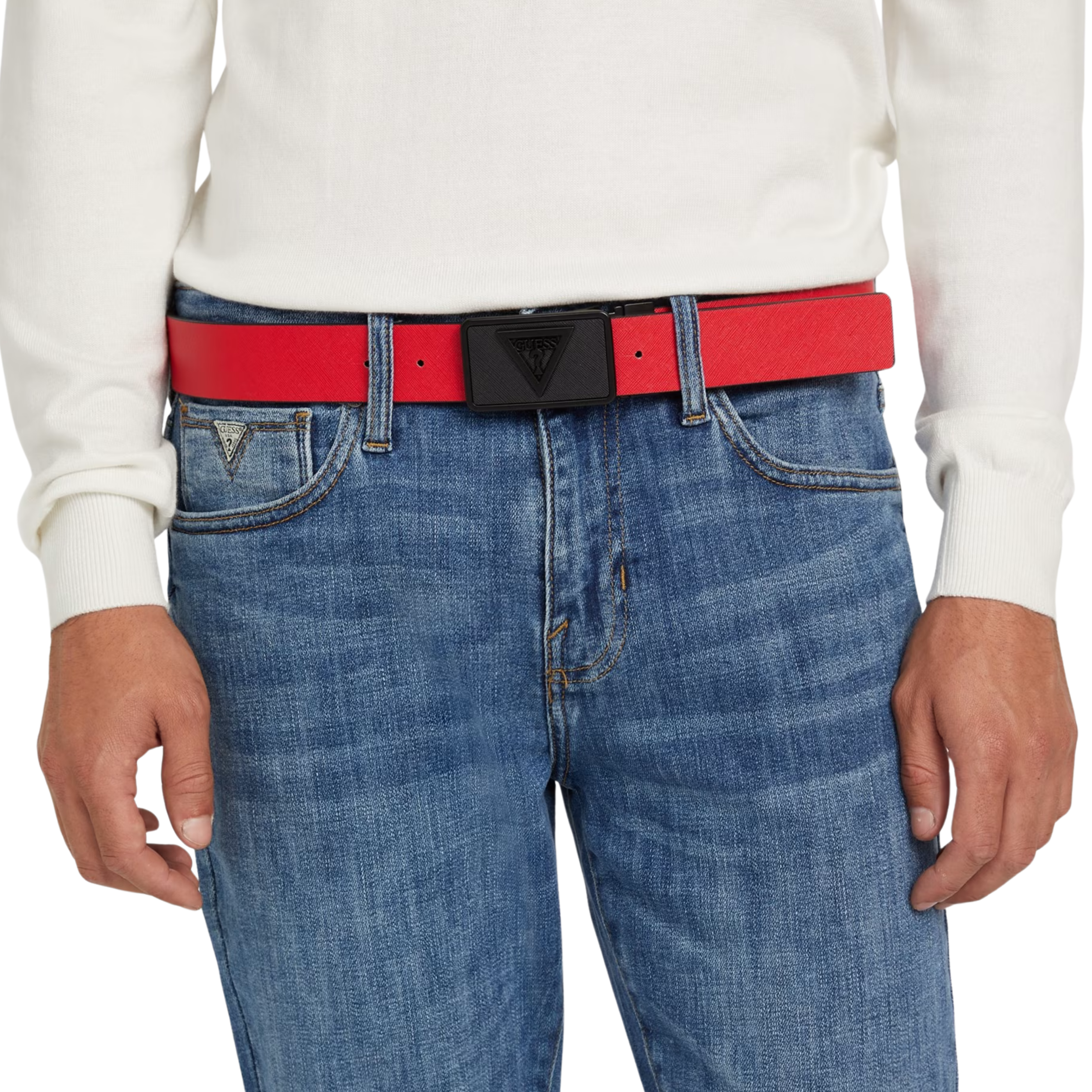 Guess Men Textured Plaque Buckle Belt - Black Red