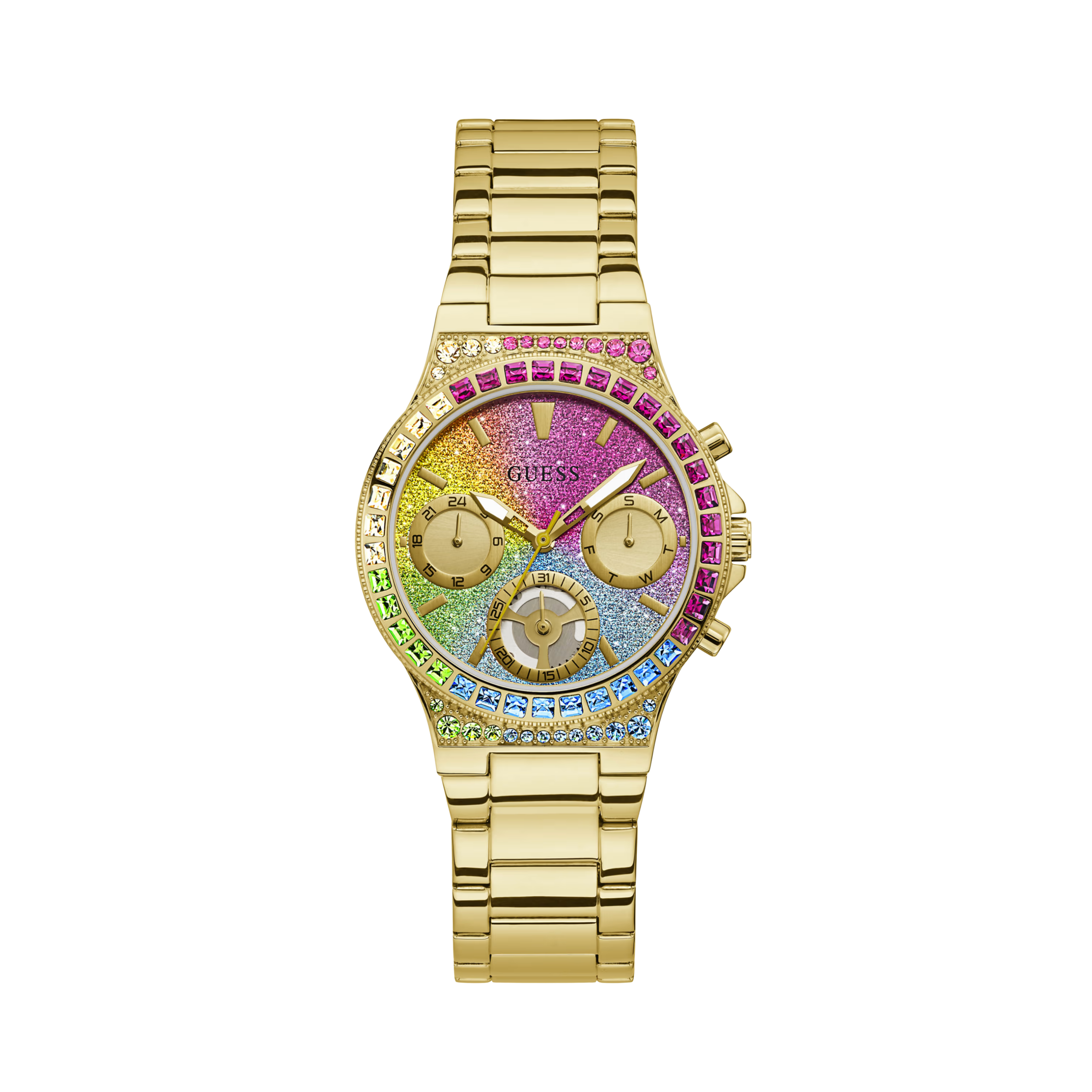 Guess Women Gold-Tone and Rainbow Crystal Multifunction Watch - Multiple Colors