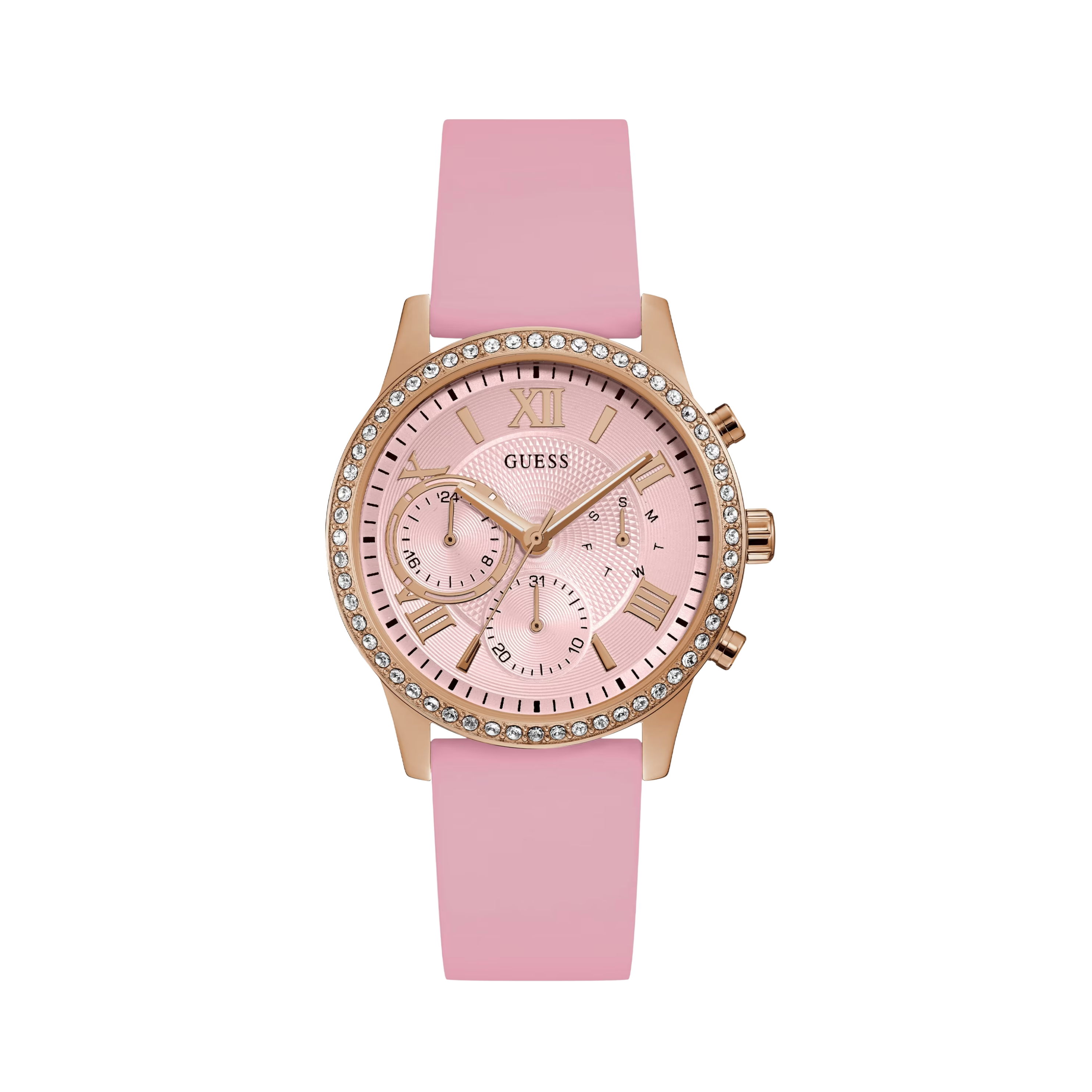 Guess Women Rose Gold-Tone and Blush Silicone Multifunction Watch