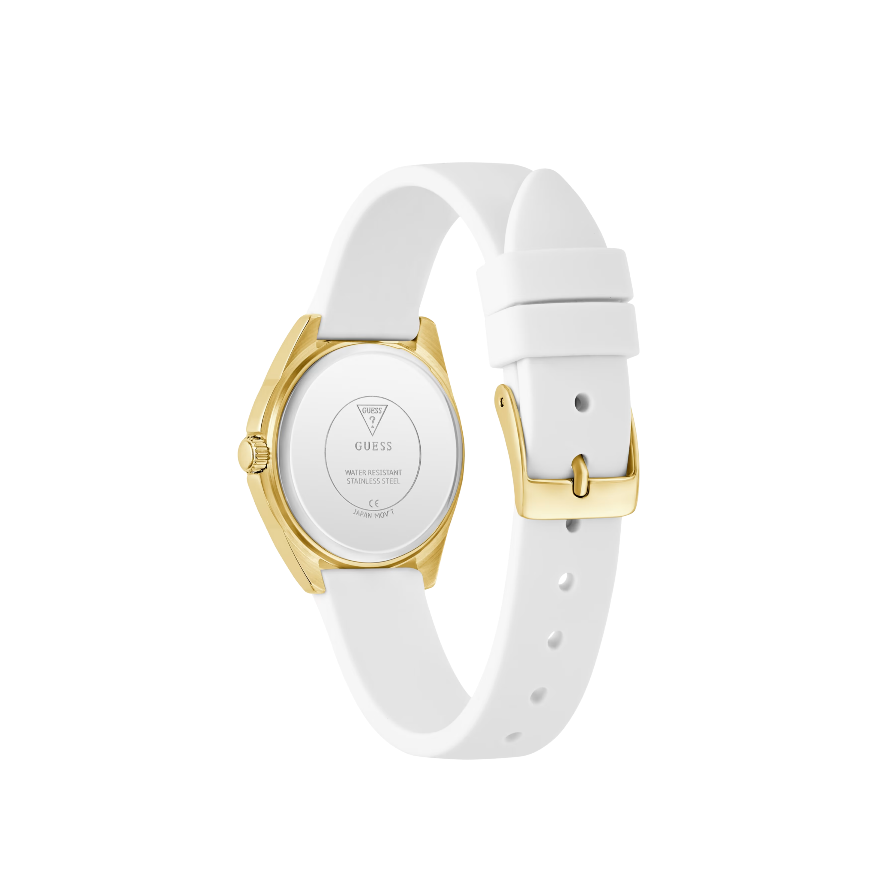 Guess Women Gold-Tone Crystal and White Silicone Analog Watch - White Gold