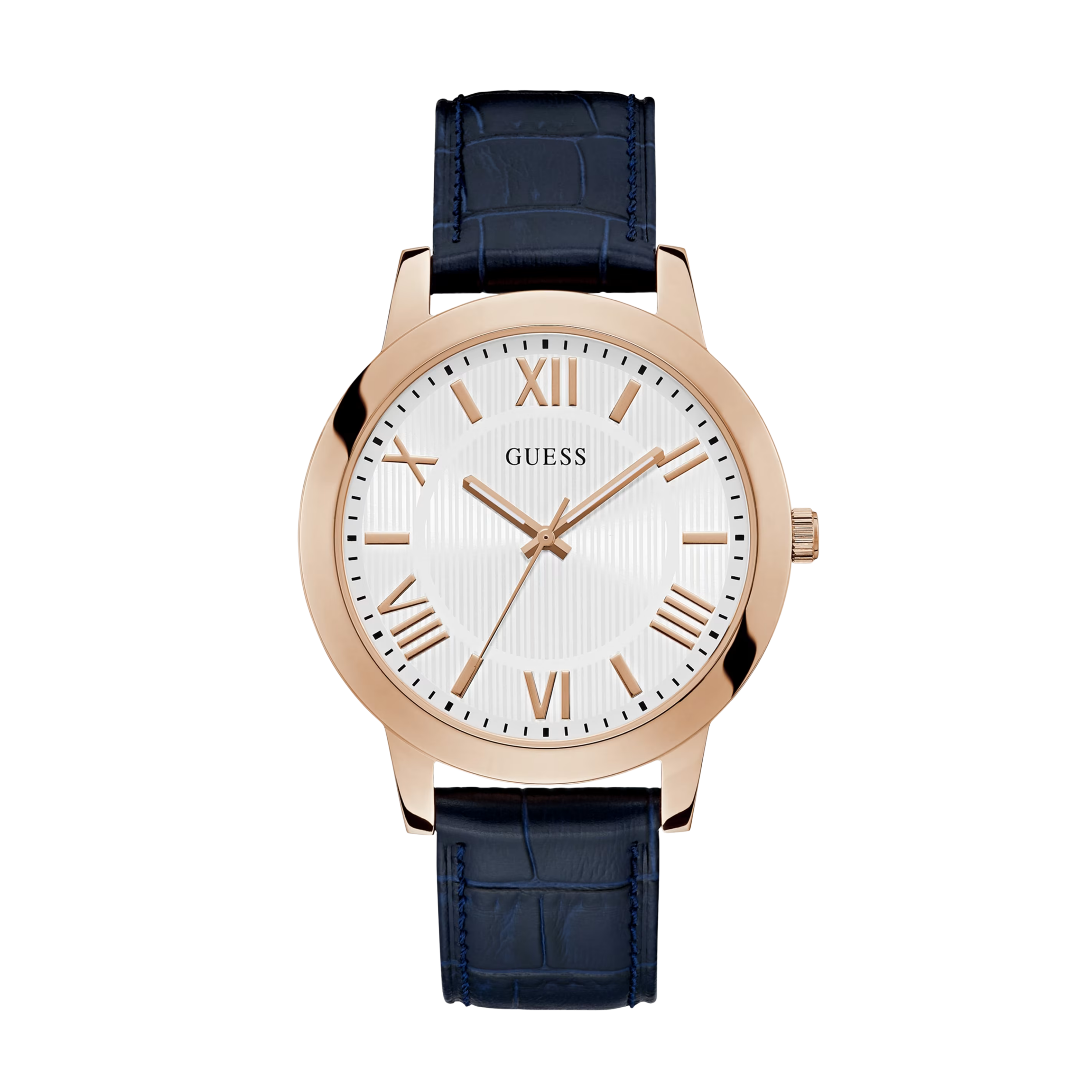 Guess Men Rose Gold-Tone and Navy Leather Analog Watch - Blue