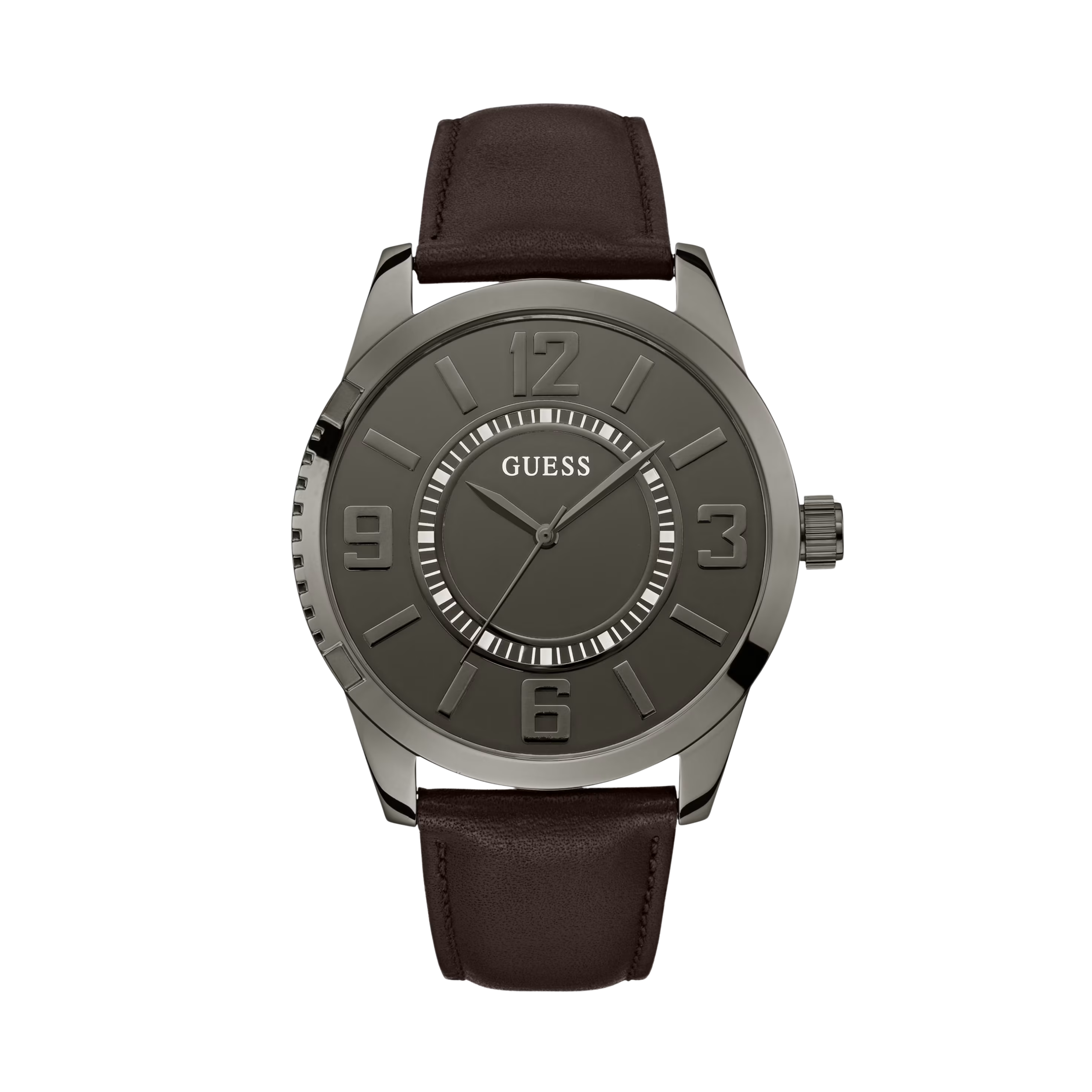 Guess Men Gunmetal Leather Analog Watch - Brown
