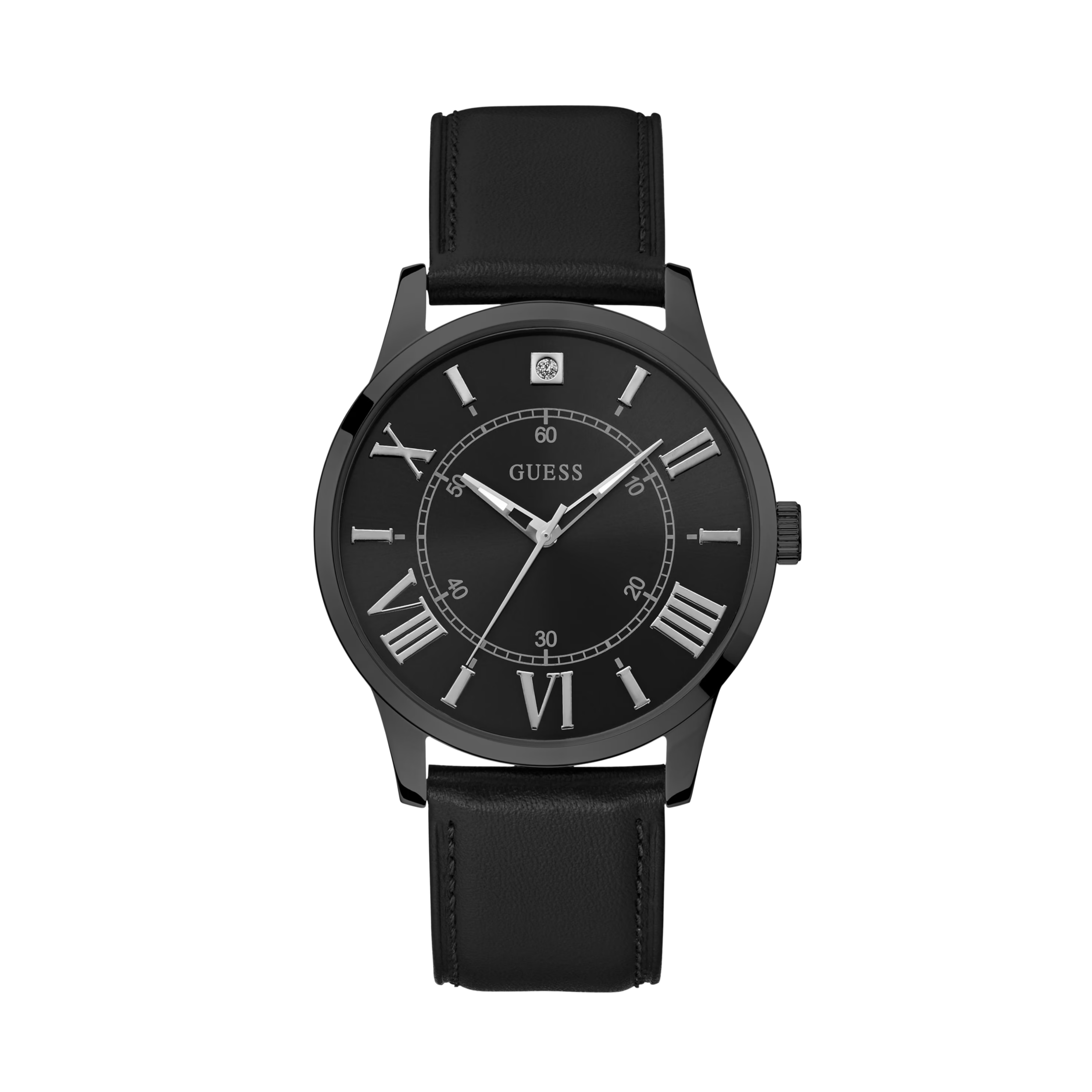Guess Men Black Leather Analog Watch - Black