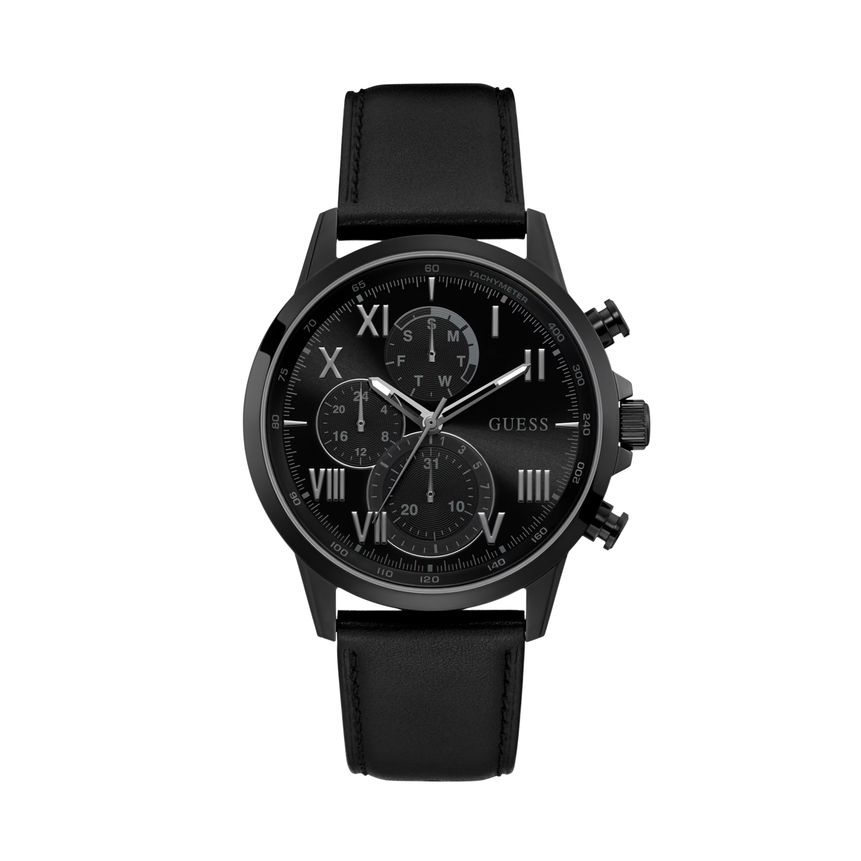 Guess Men Black Leather Multifunction Watch - Black
