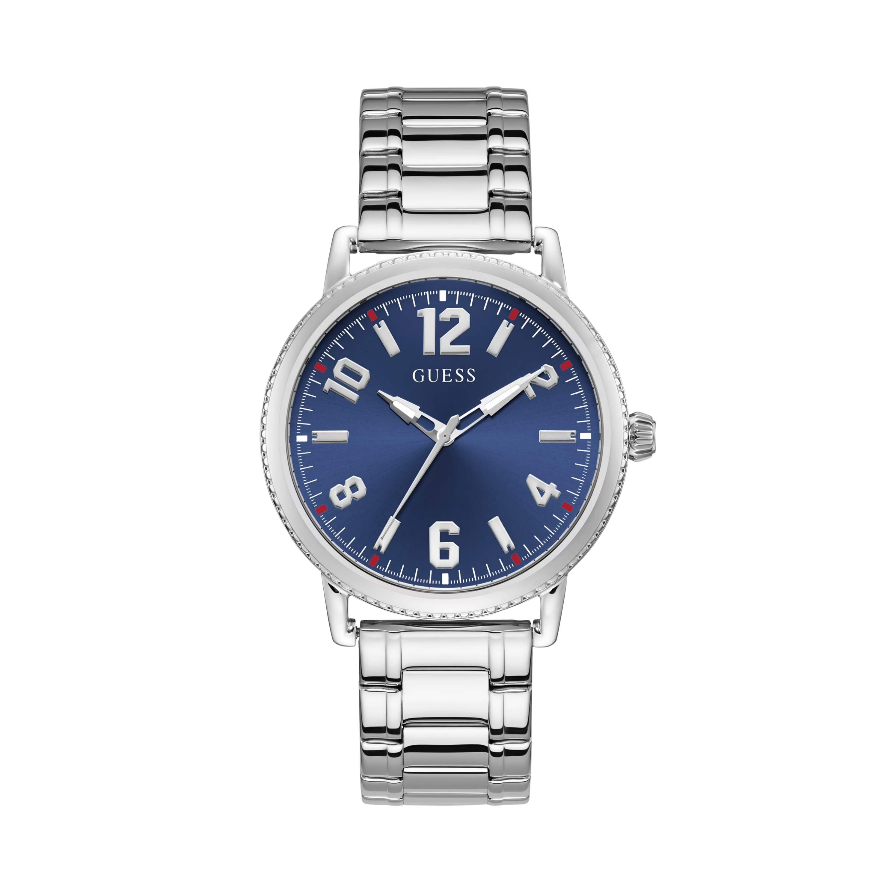 Guess Men Silver-Tone and Blue Analog Watch
