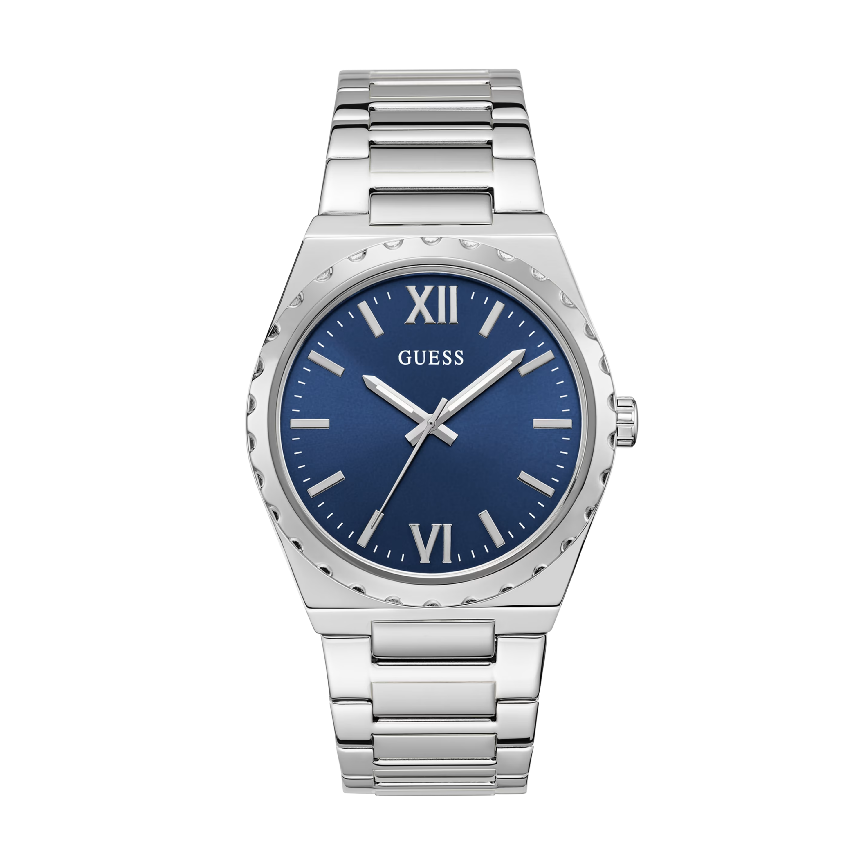 Guess Men Silver-Tone Blue Analog Watch - Silver