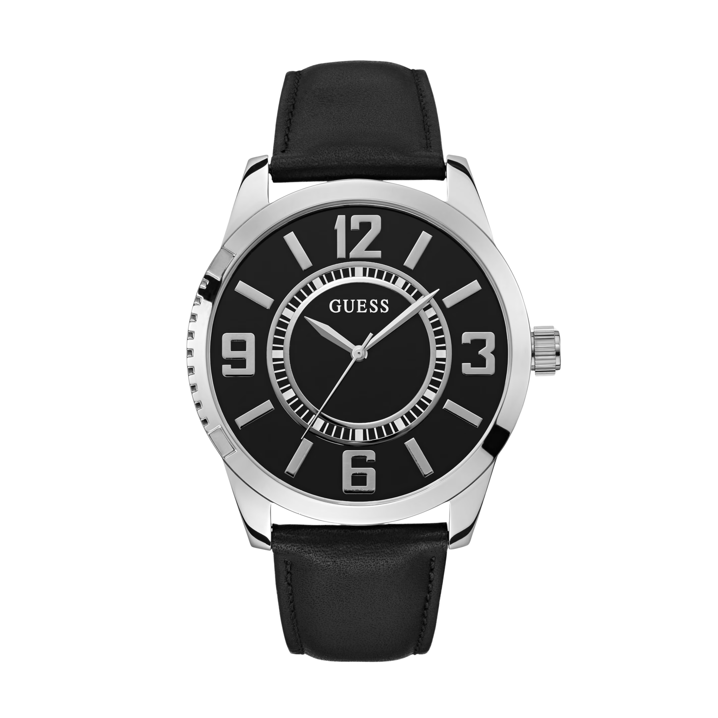 Guess Men Silver-Tone Leather Analog Watch - Black