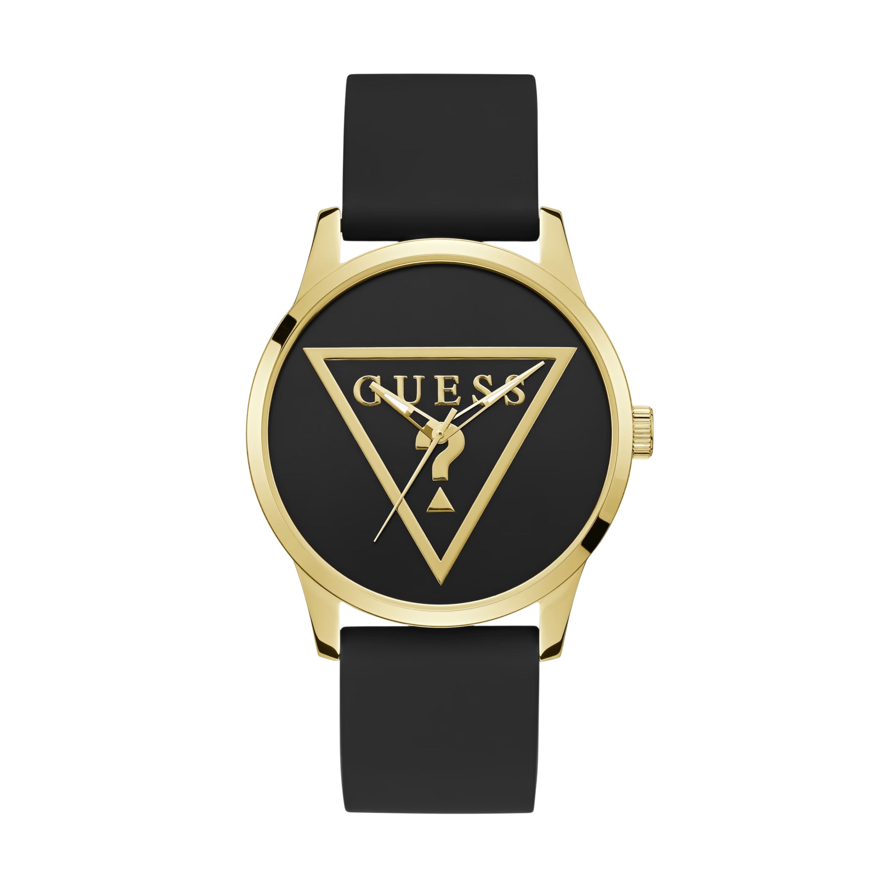Guess Men Gold-Tone Triangle and Black Silicone Analog Watch - Black