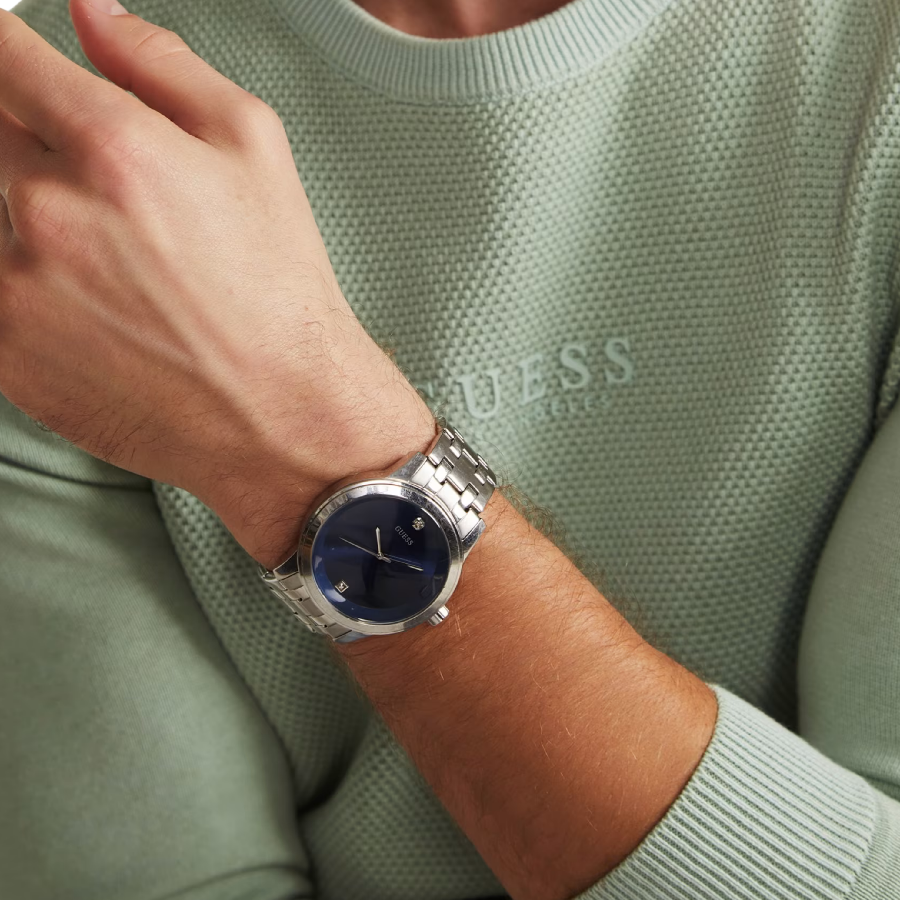 Guess Men Blue and Silver-Tone Diamond Dress Watch - Blue