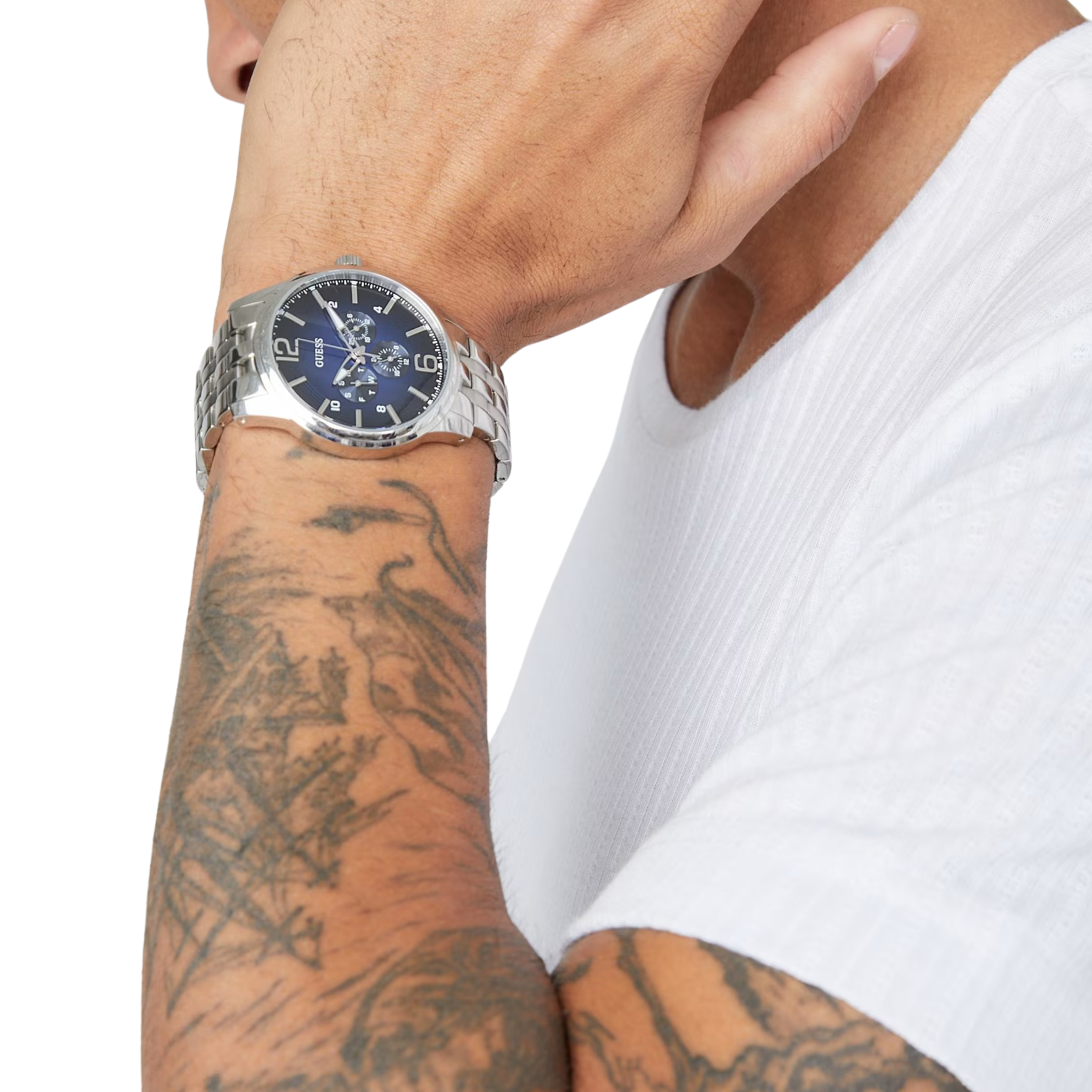 Guess Men Silver-Tone Multifunction Watch - Blue