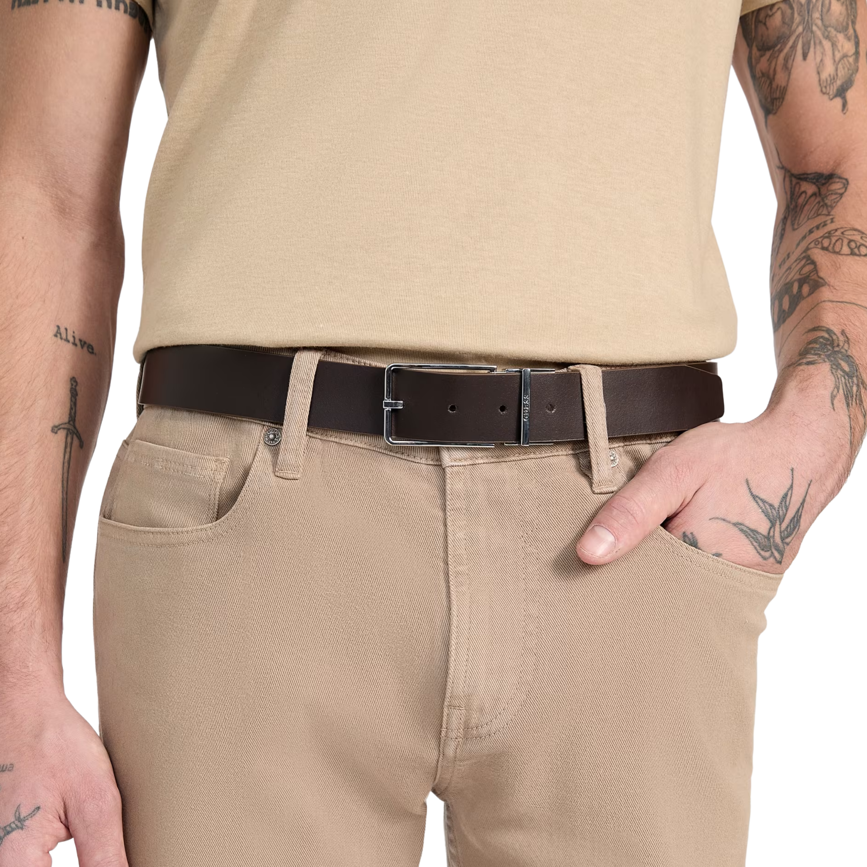 Guess Men Agueda Reversible Belt - Beige Brown Multi