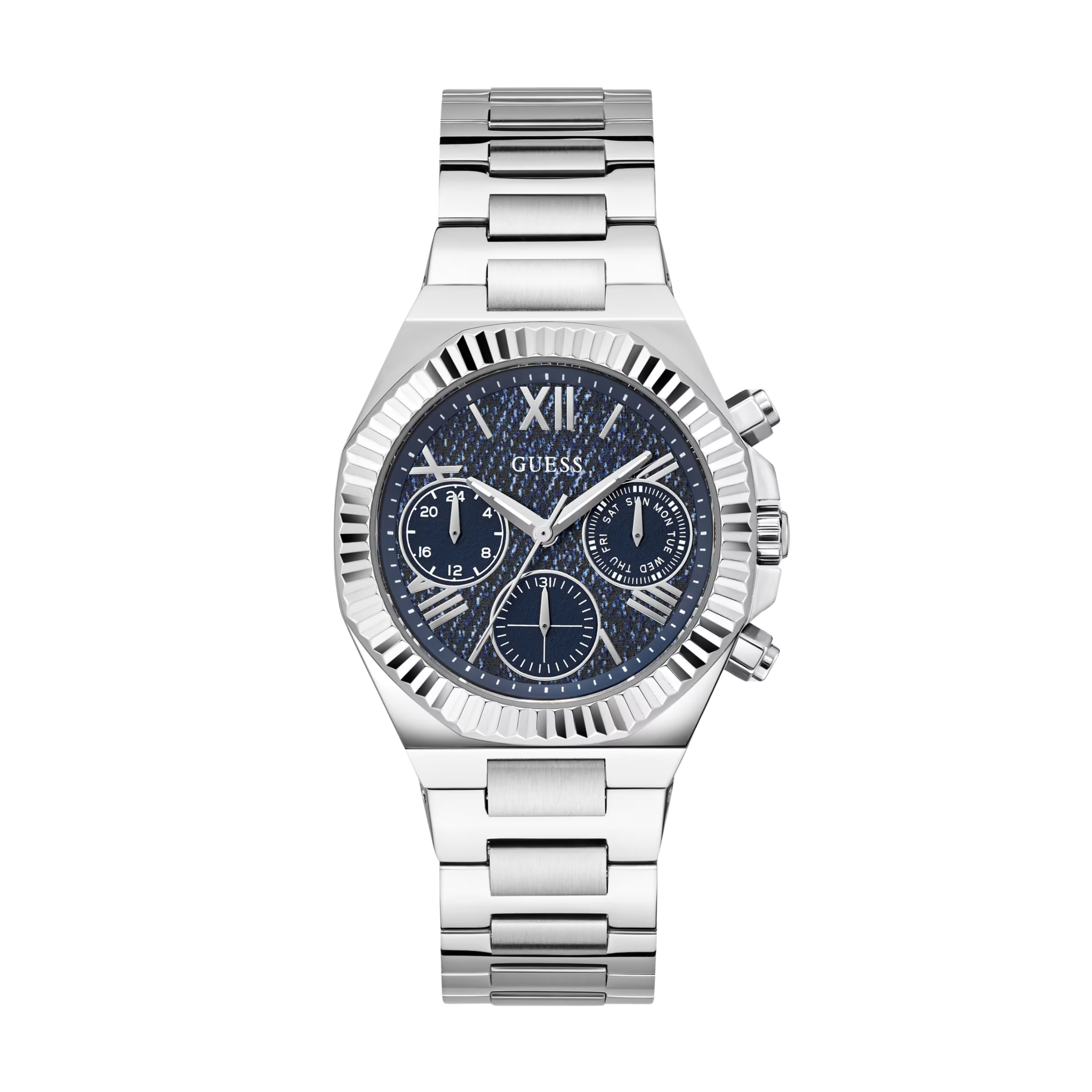Guess Women Silver Tone And Denim Multifunction Watch GW0769L1 - Silver