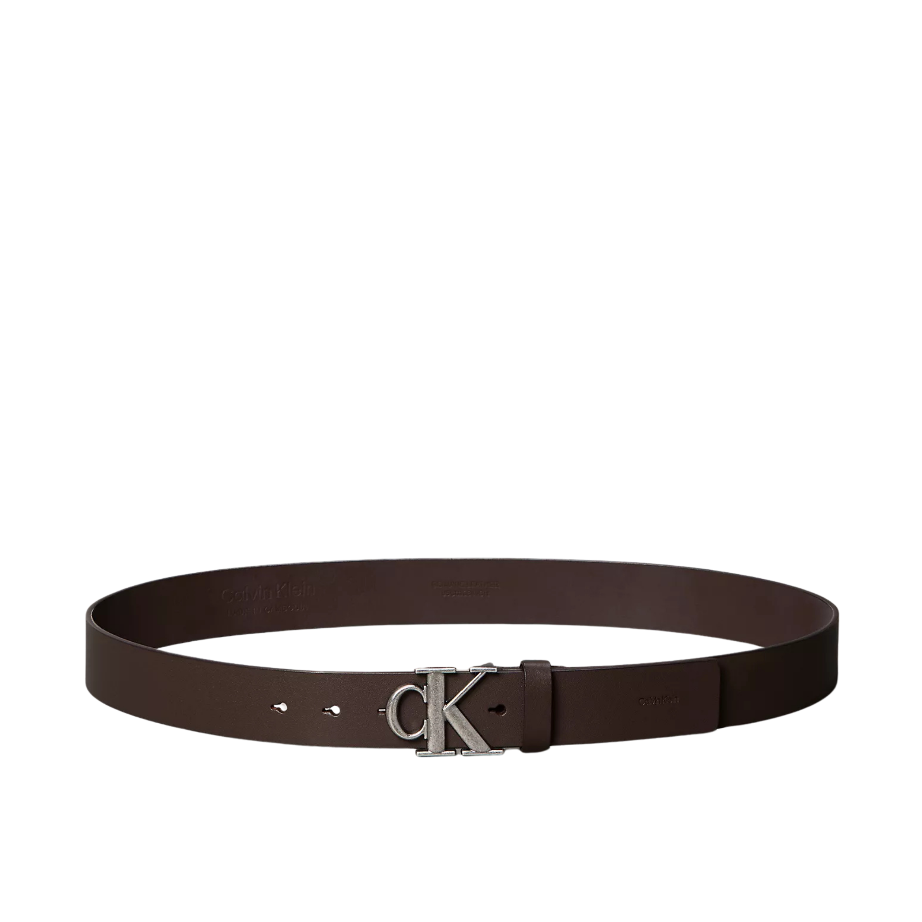Calvin Klein Men Monogram Logo Belt - Ck Dark Brown Antique Silver
