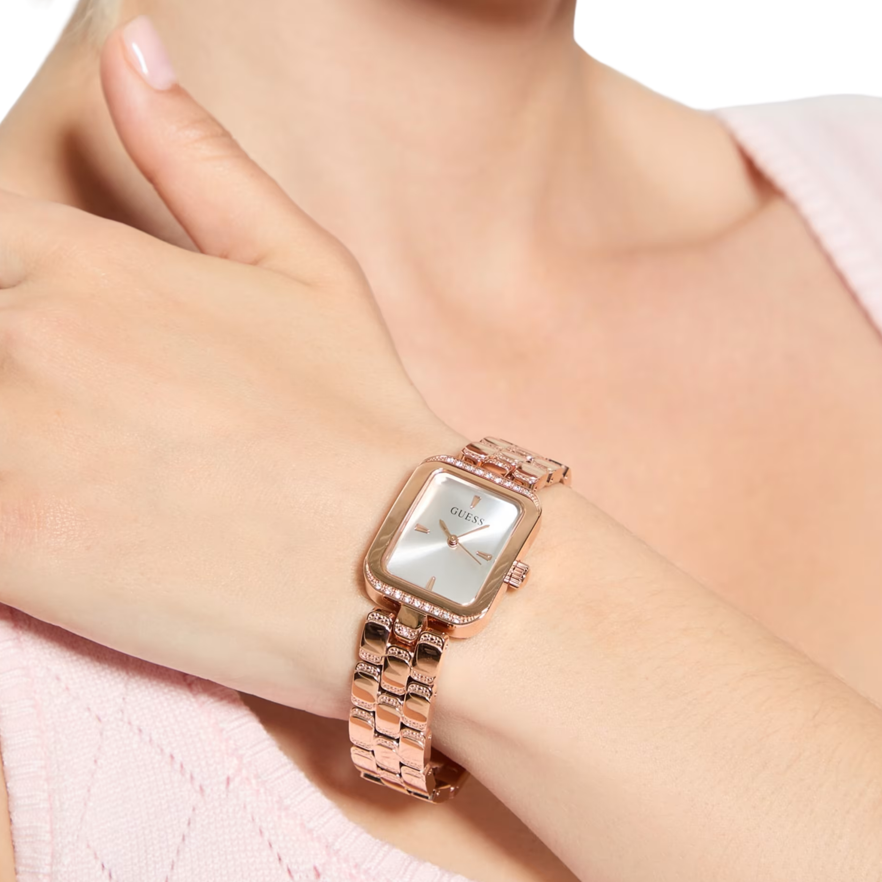 Guess Women Rose Gold Tone Textured Square Analog Watch GW0865L3 - Rose Gold