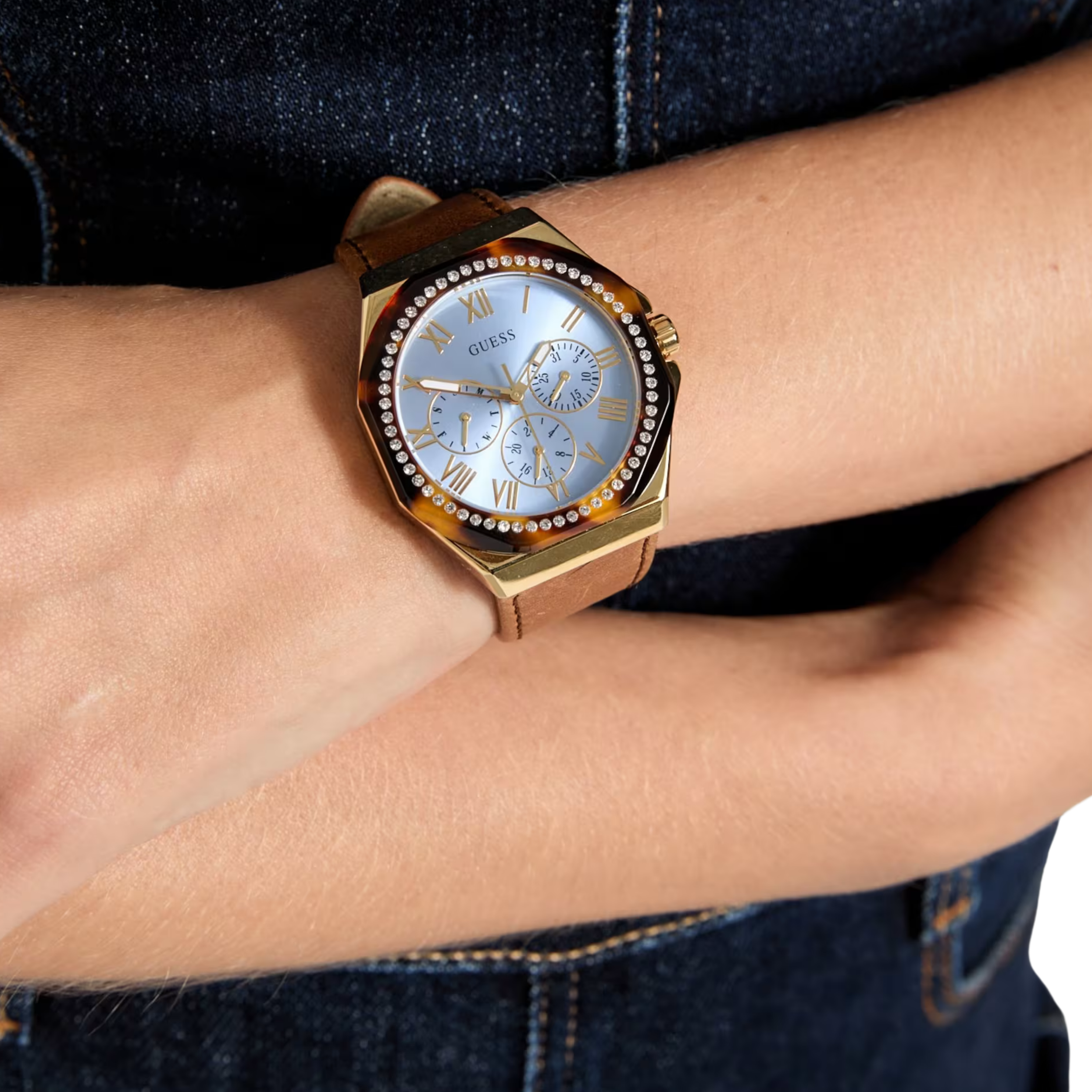Guess Women Multi Tone and Brown Leather Multifunctional Watch GW0753L6 - Brown