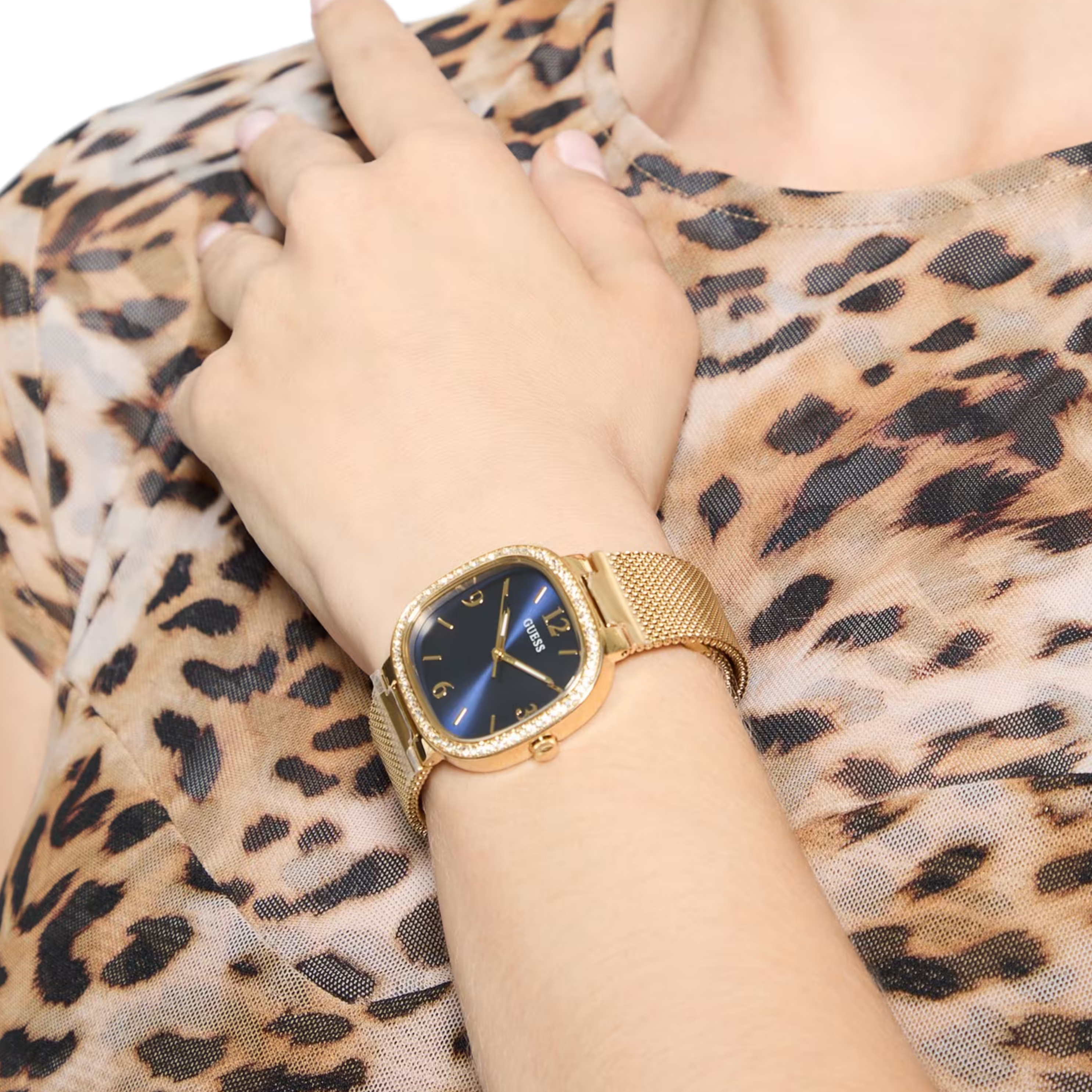 Guess Women Gold Tone Rounded Crystal Analog Watch GW0354L6 - Gold Blue