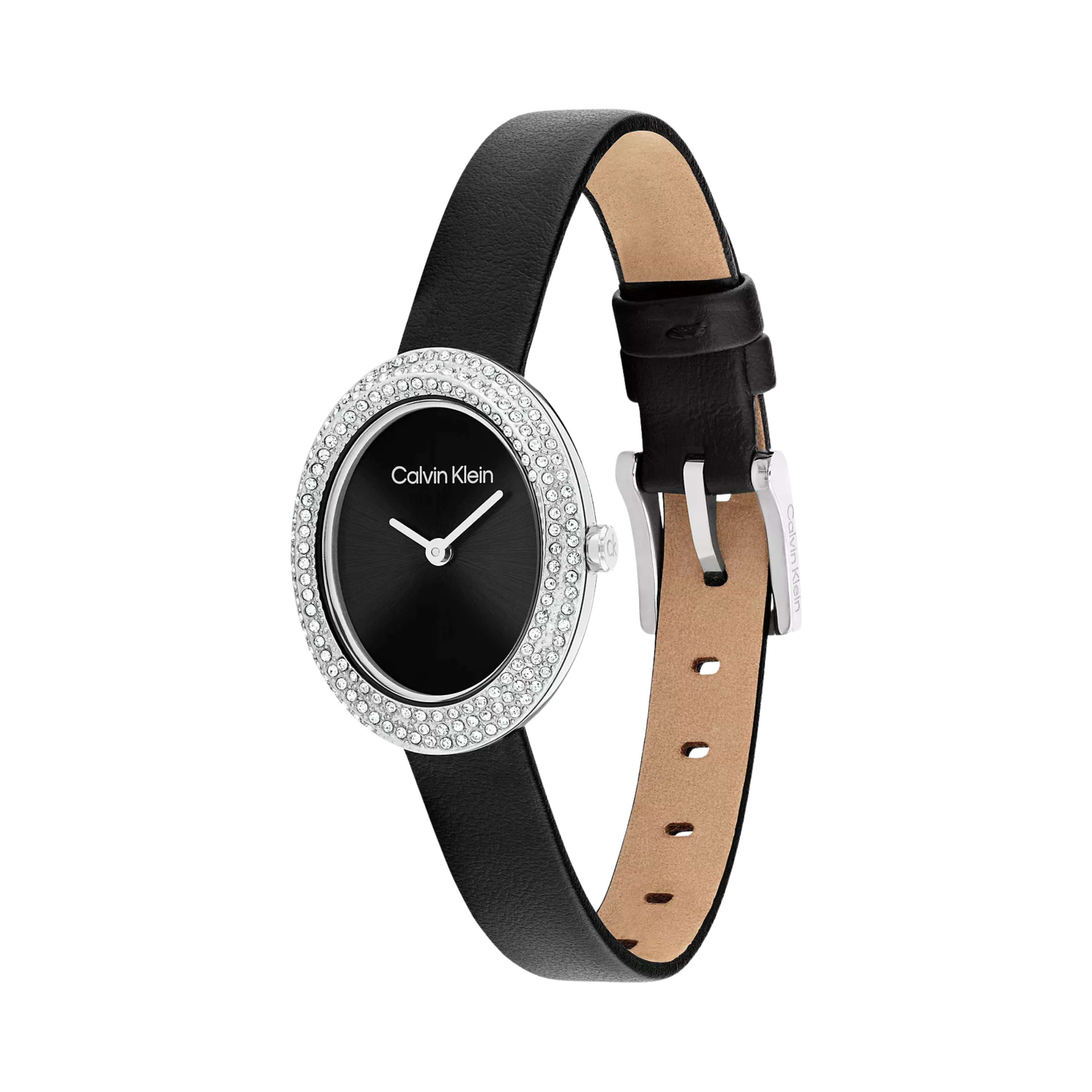 Calvin Klein Women Contoured Bezel Oval Dial Leather Strap Watch - Black