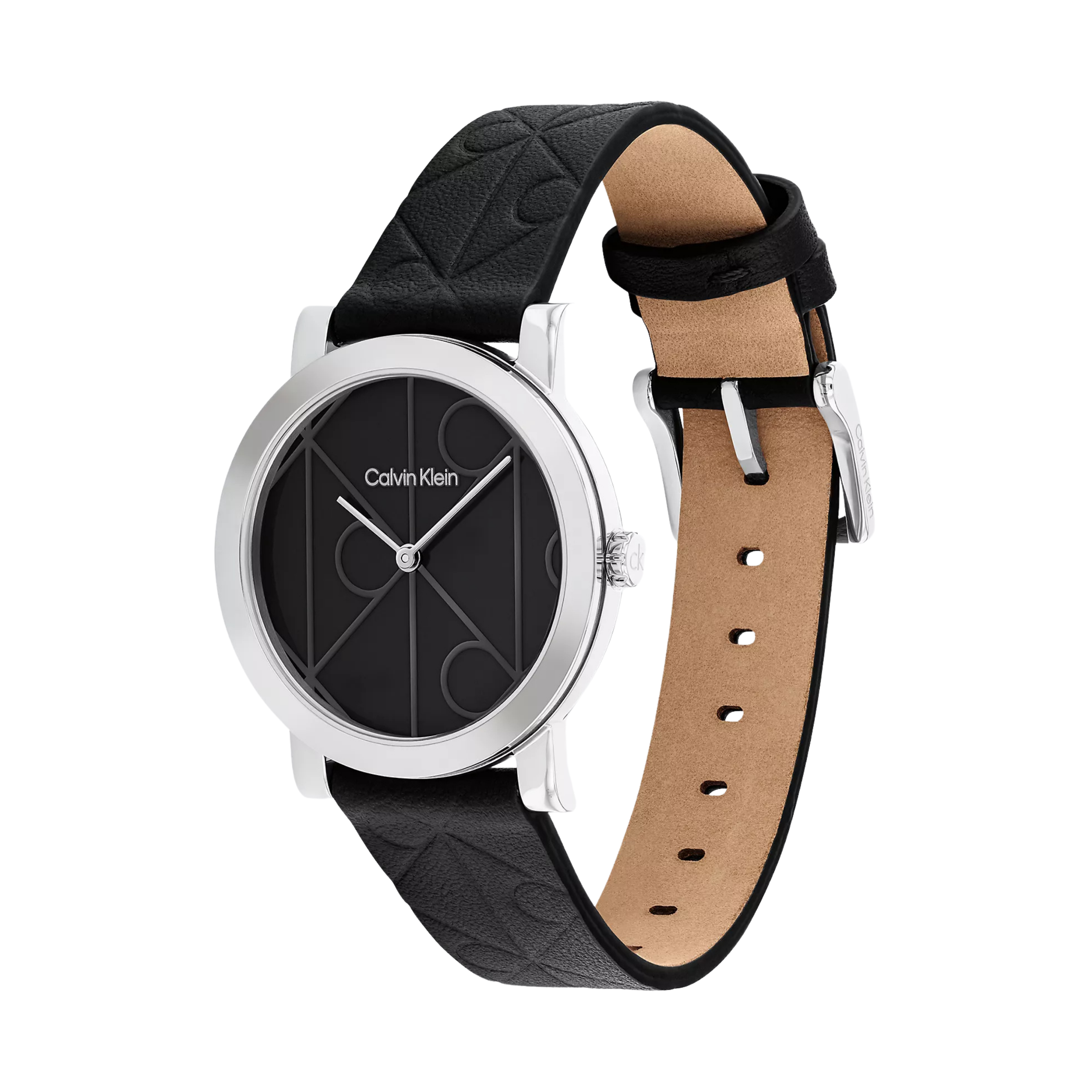Calvin Klein Women Allover Emblem Dial Leather Strap Watch - Black