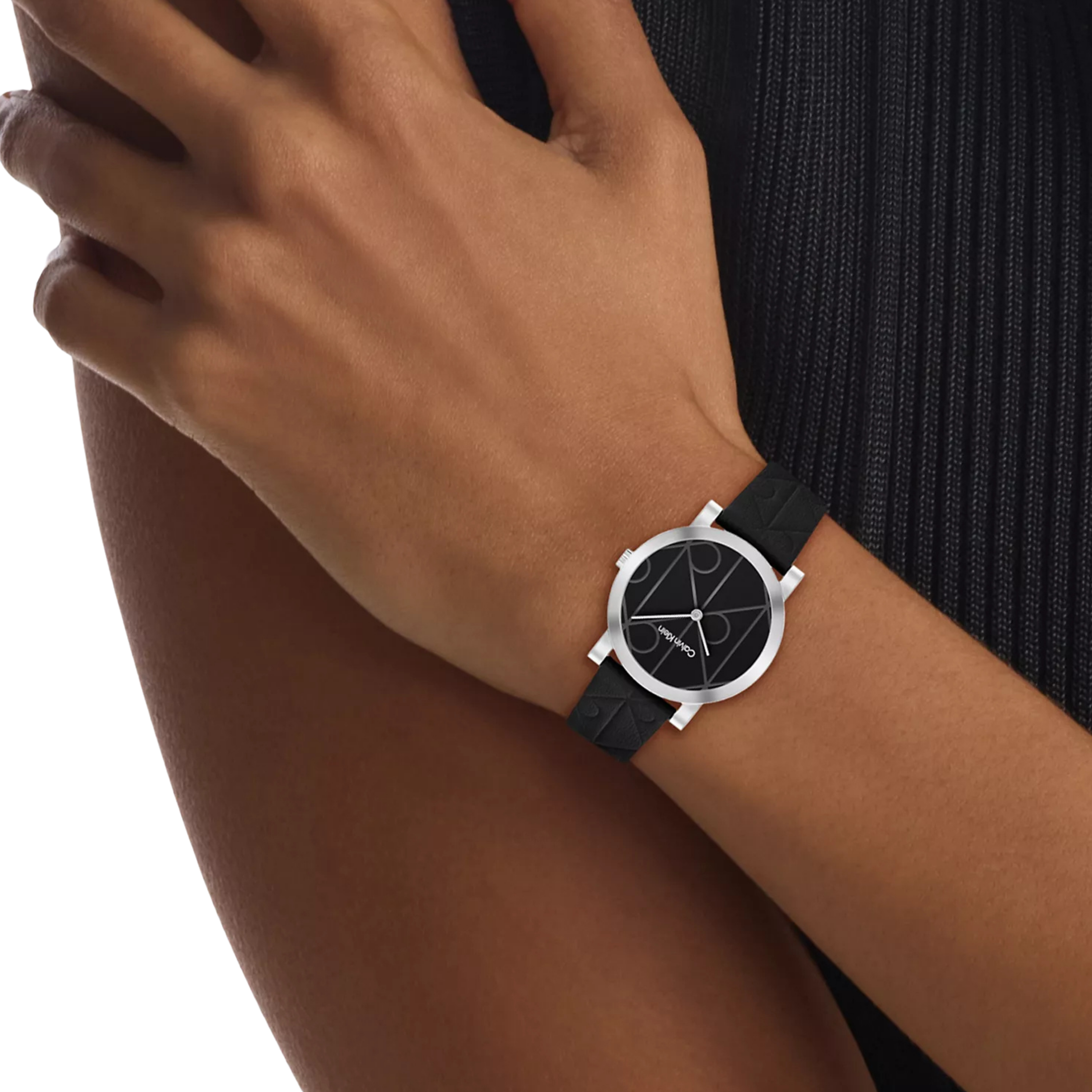 Calvin Klein Women Allover Emblem Dial Leather Strap Watch - Black
