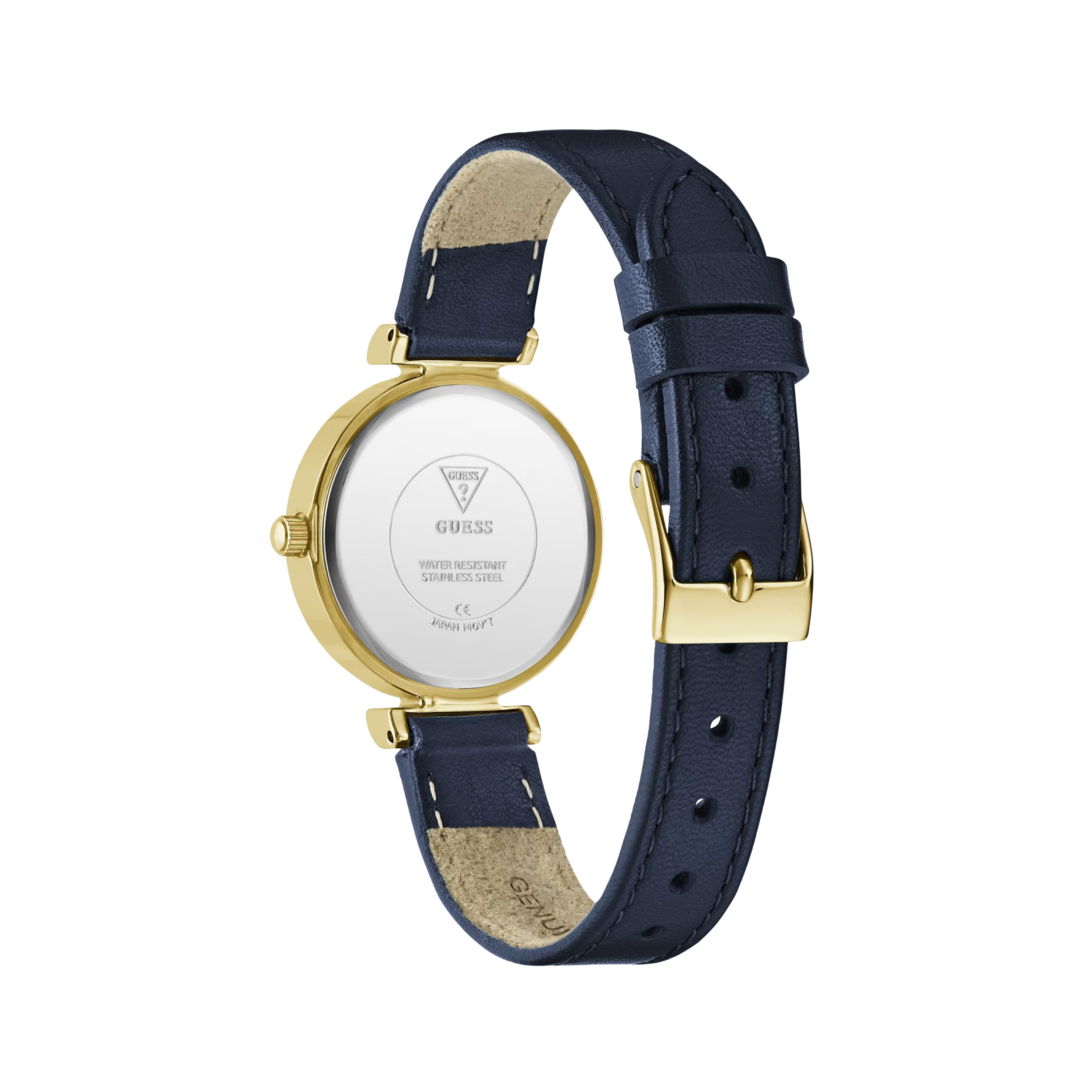 Guess Women Gold Tone and Navy Leather Analog Watch - White Multi