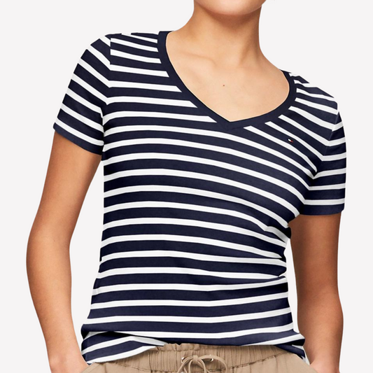 Tommy Hilfiger Women Slim Fit Stripe V-Neck T-Shirt - Navy Multi