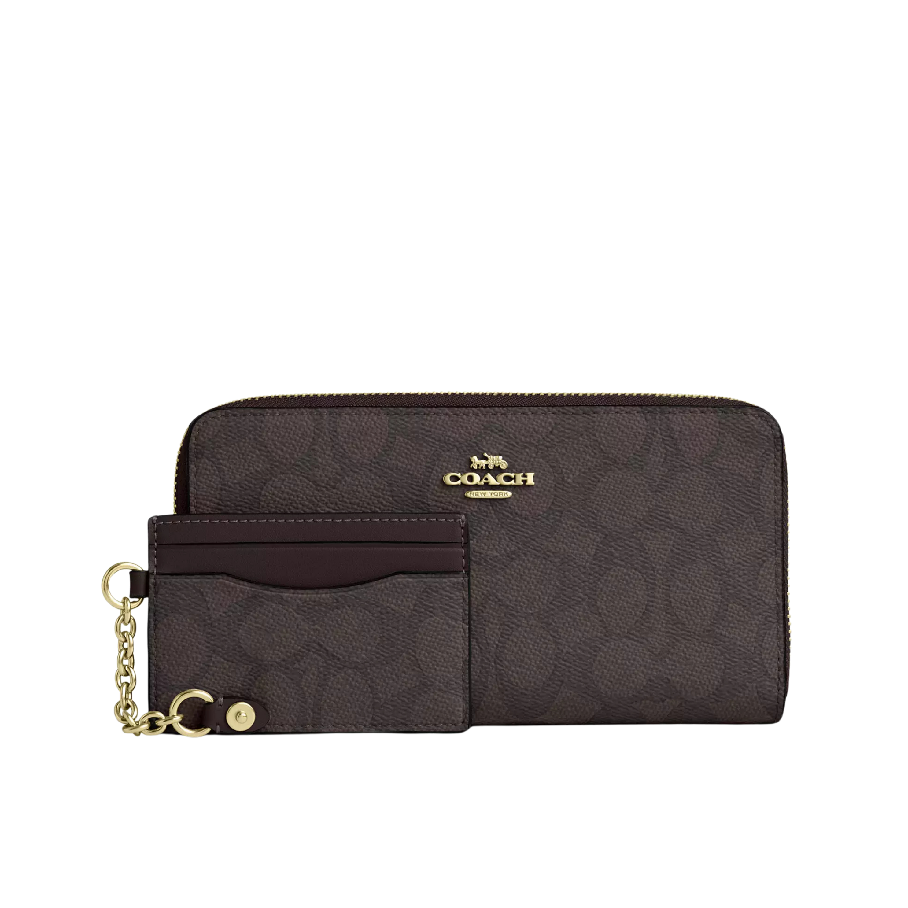 COACH Women Long Zip Around Wallet With Detachable Card Case - Gold Walnut Black