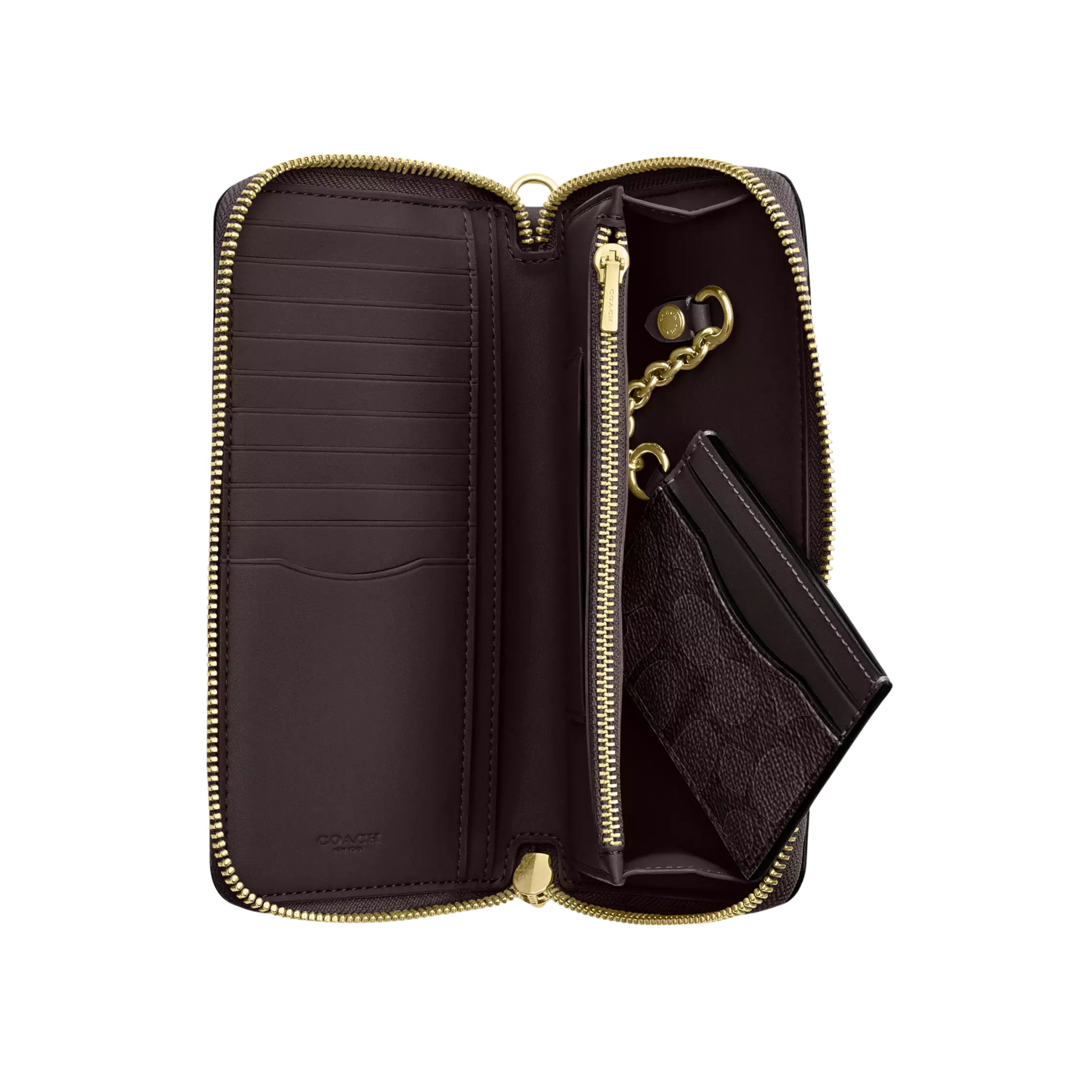 COACH Women Long Zip Around Wallet With Detachable Card Case - Gold Walnut Black