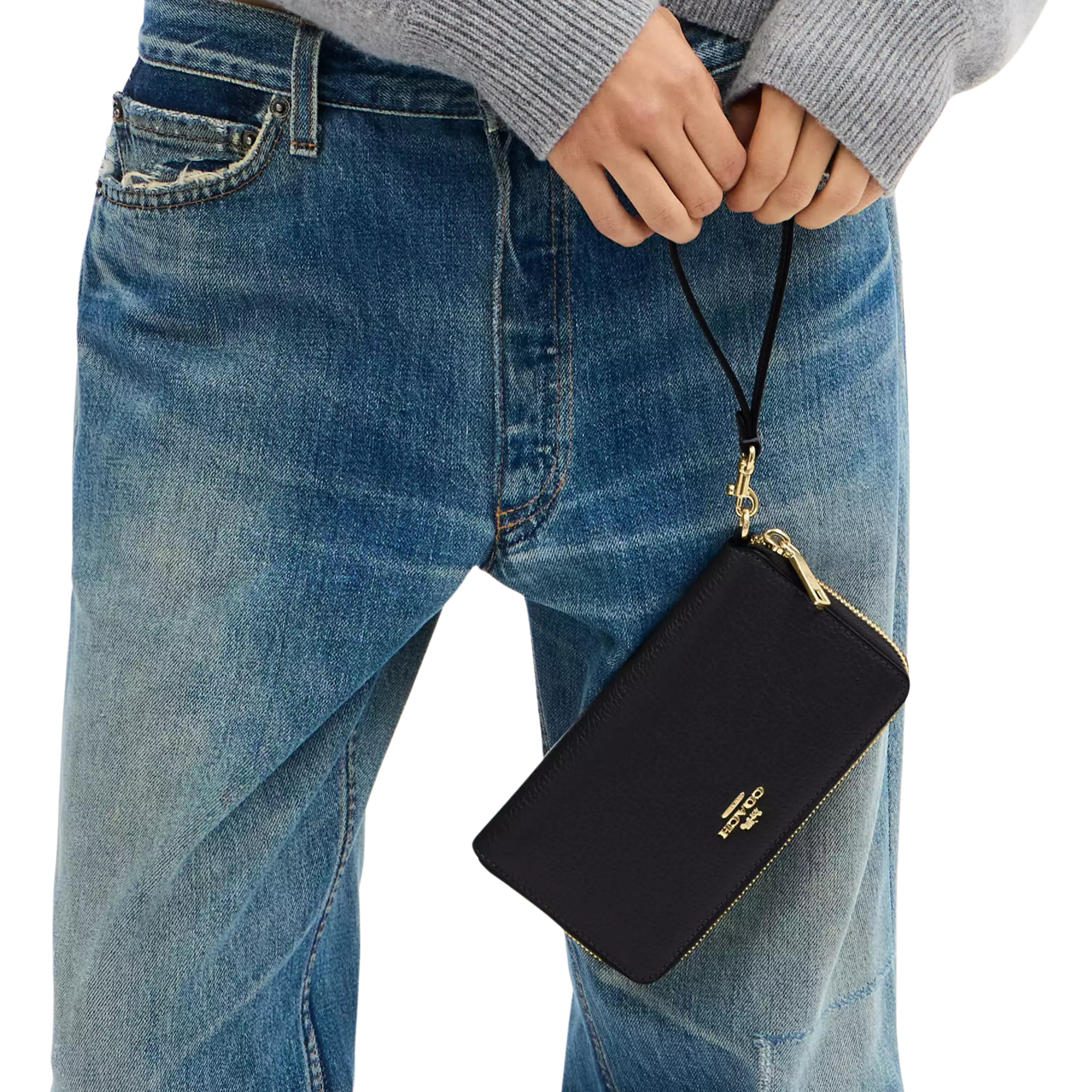 COACH Women Long Zip Around Wallet With Detachable Card Case - Gold Black