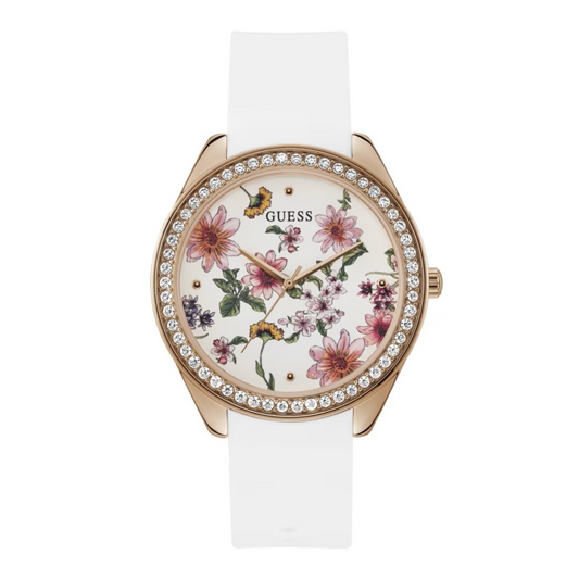 Guess Women Floral and Rhinestone Watch - White