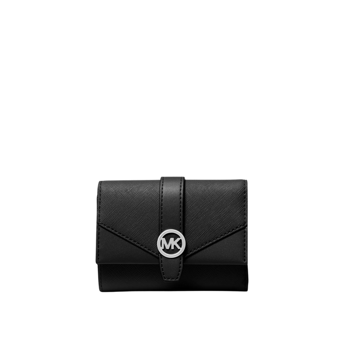 Michael Kors Women Greenwich Medium Leather Trifold Wallet - Black Silver