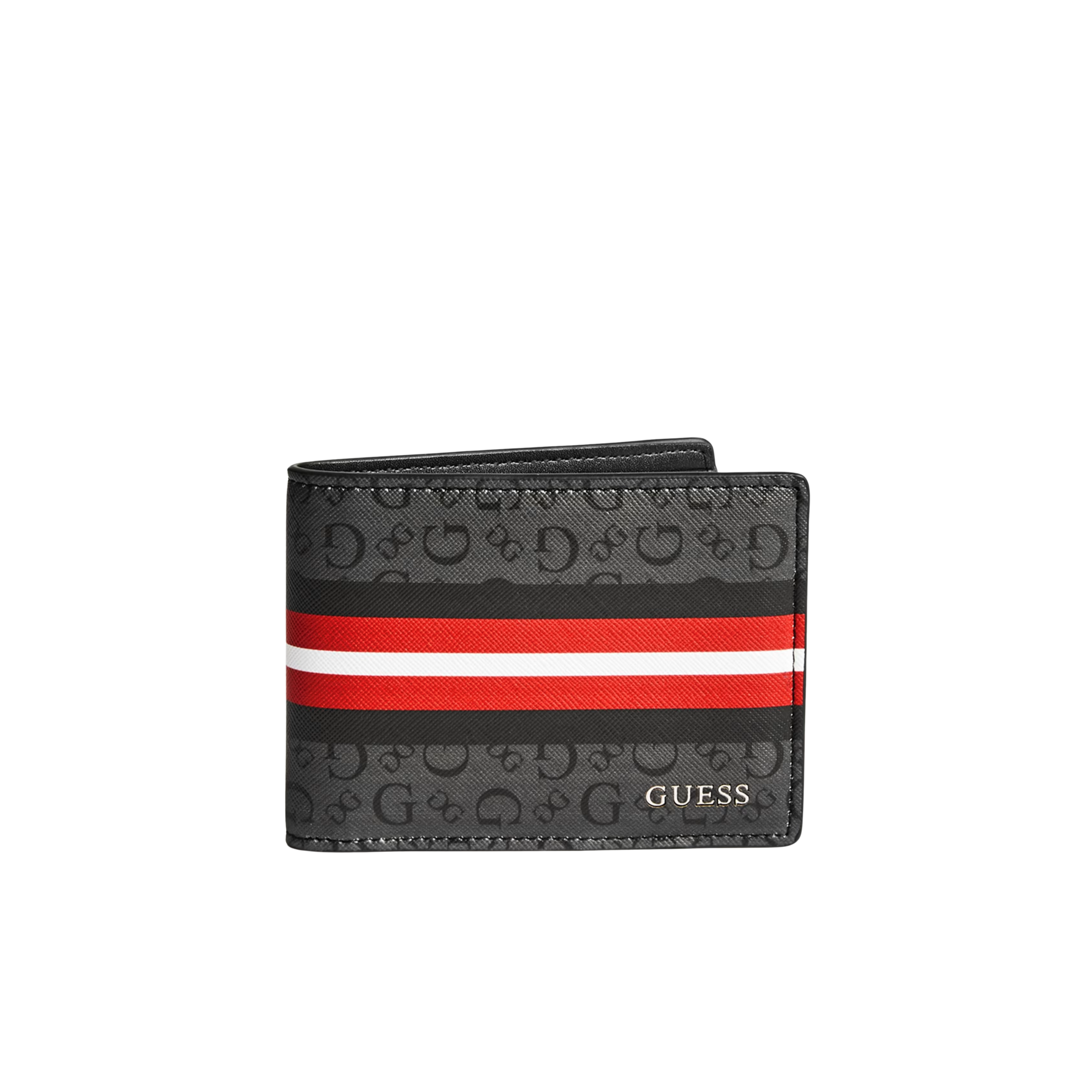 Guess Men Slim Logo Striped Bifold Wallet - Black