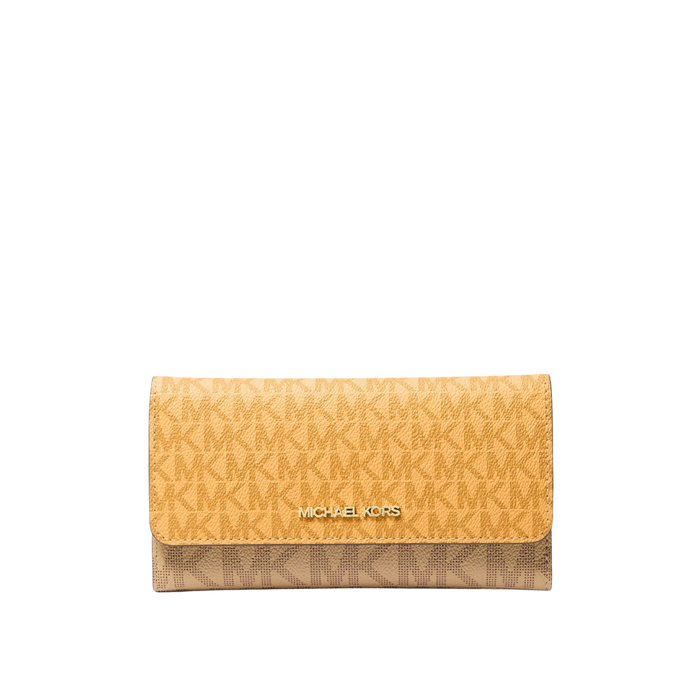 Michael Kors Women Jet Set Large Signature Logo Tri Fold Wallet - Honeywheat Multi