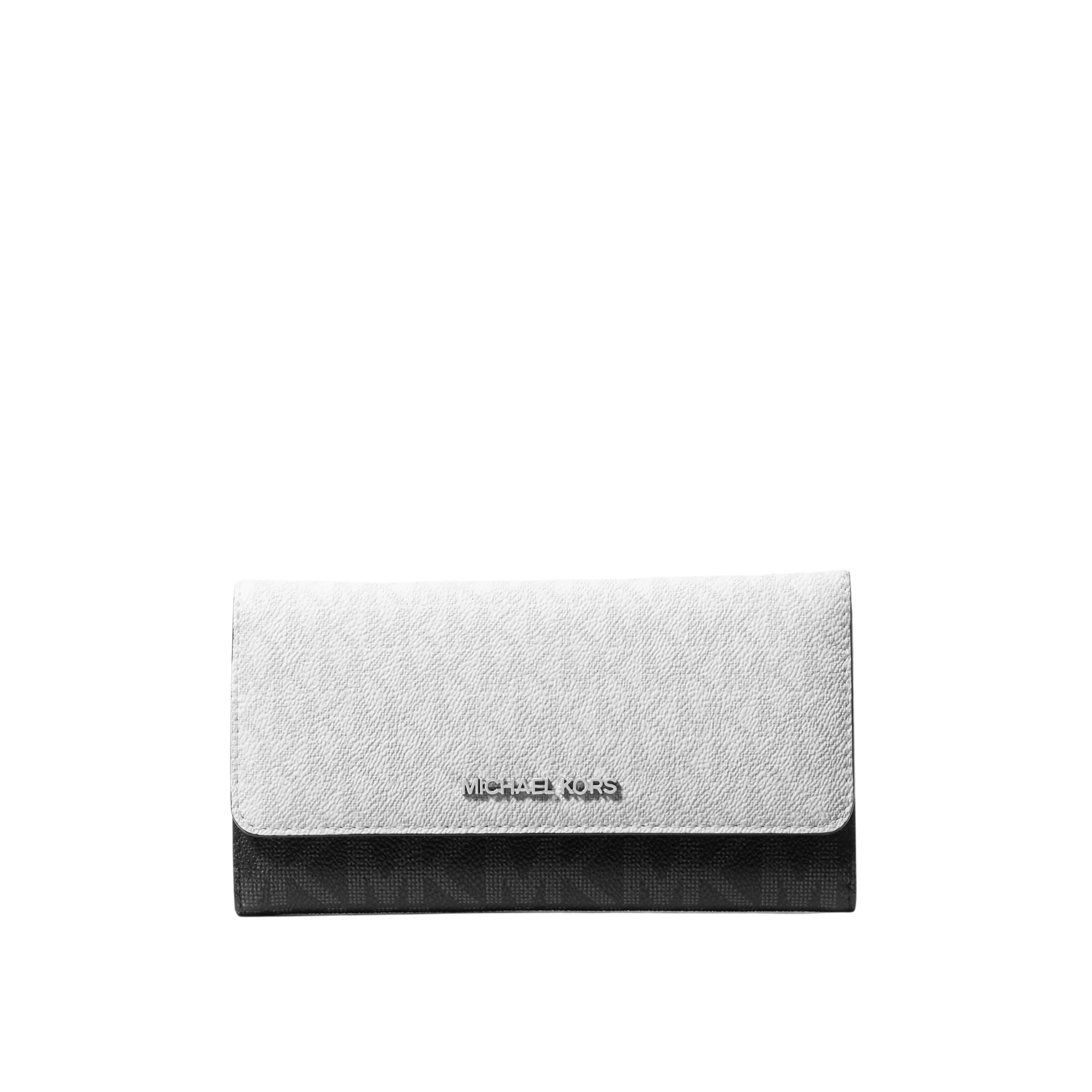Michael Kors Women Jet Set Large Signature Logo Tri Fold Wallet - White Black